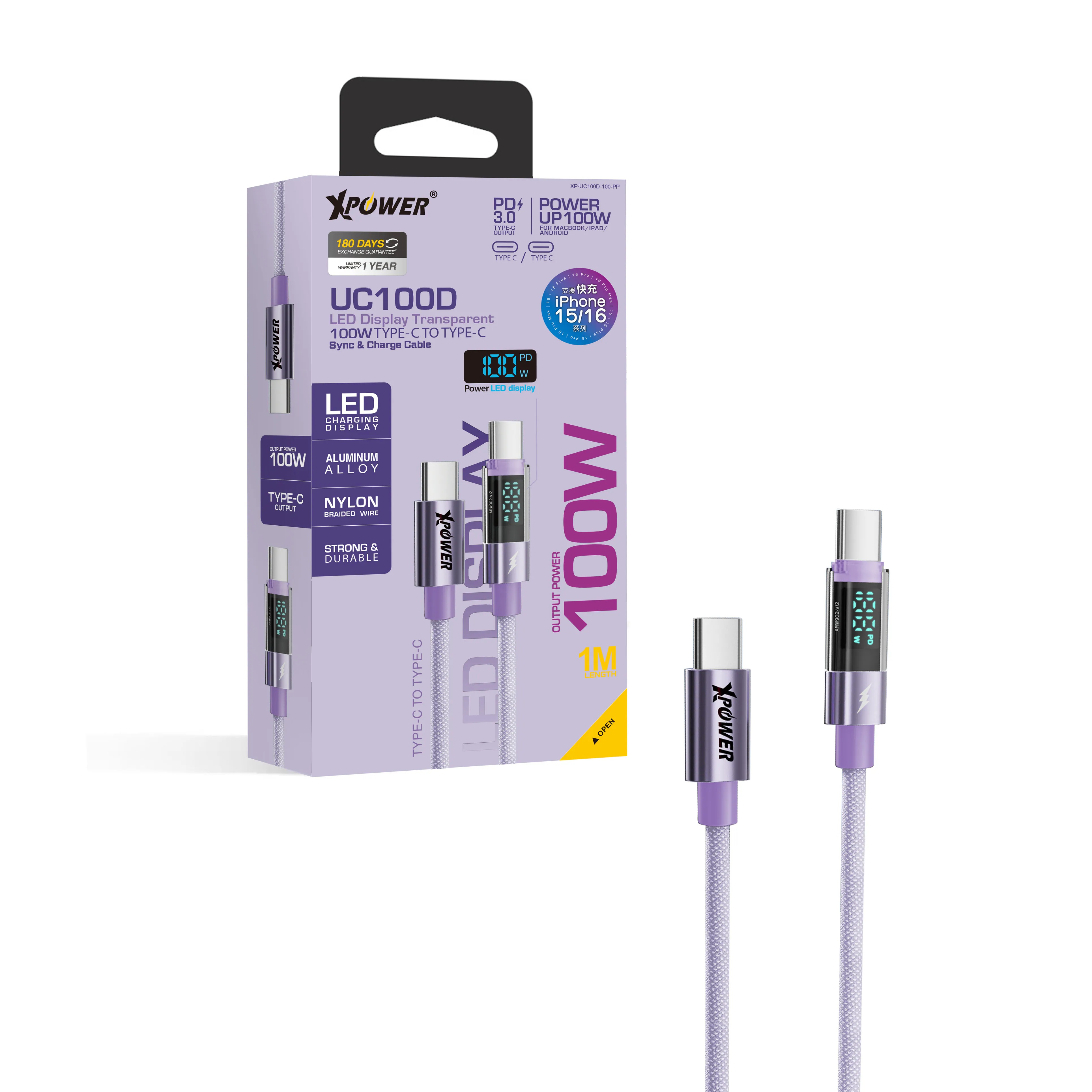 XPower UC100D 1M LED顯示 100W高速傳輸充電 Type-C>Type-C線