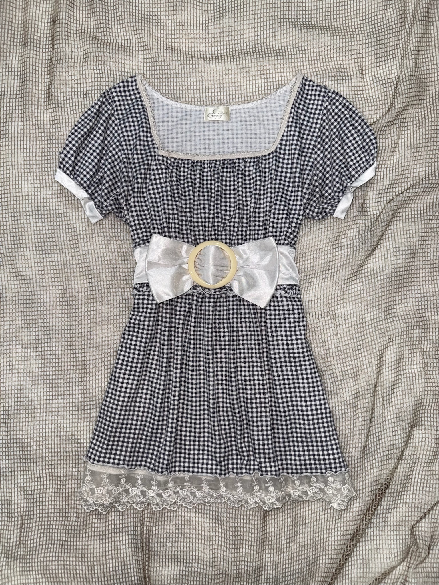 Gingham Puff Sleeve Tunics with Waist Bow