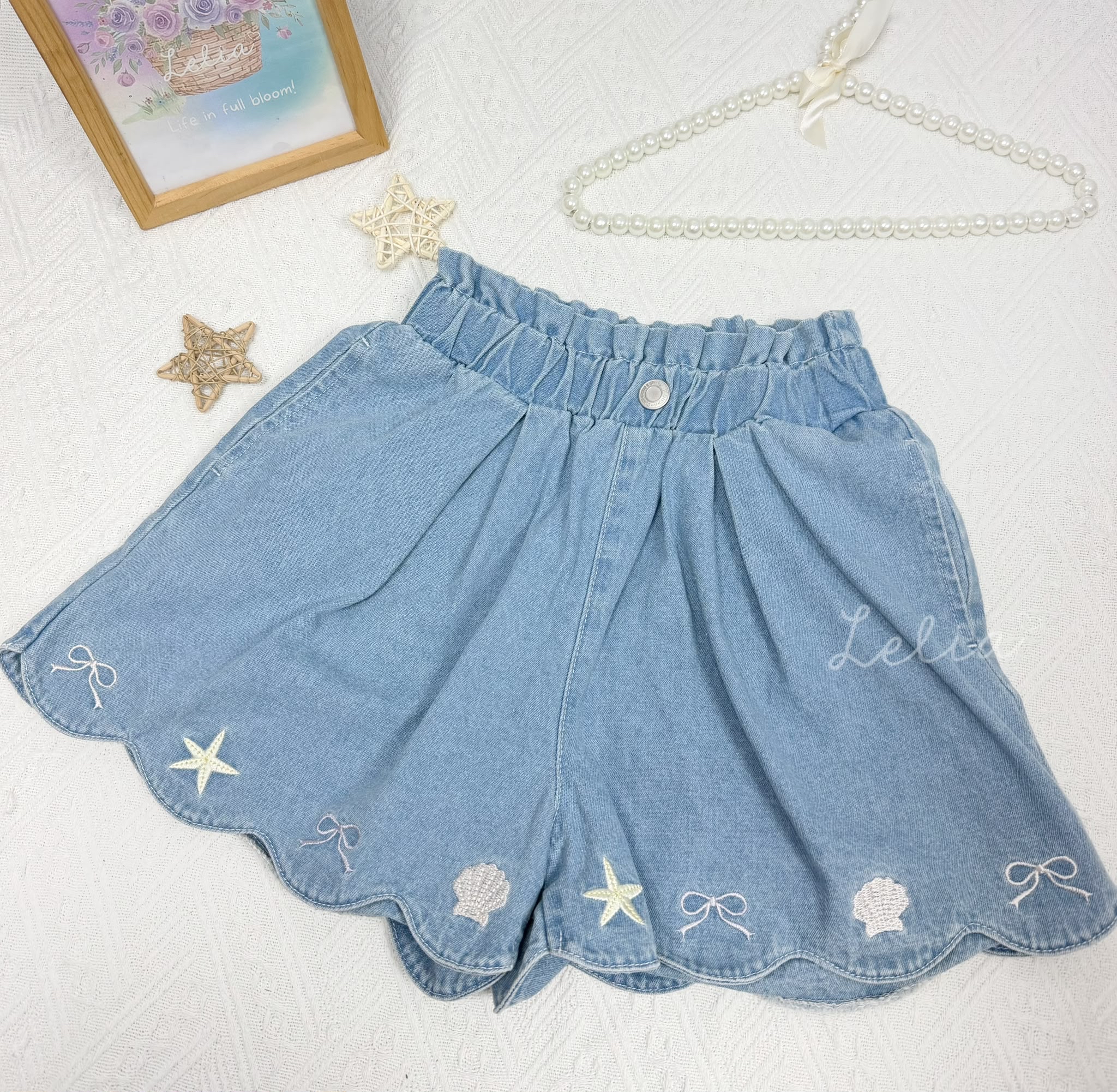 ▫️現貨▫️RiccaRicca夏日貝殼刺繡高腰短褲