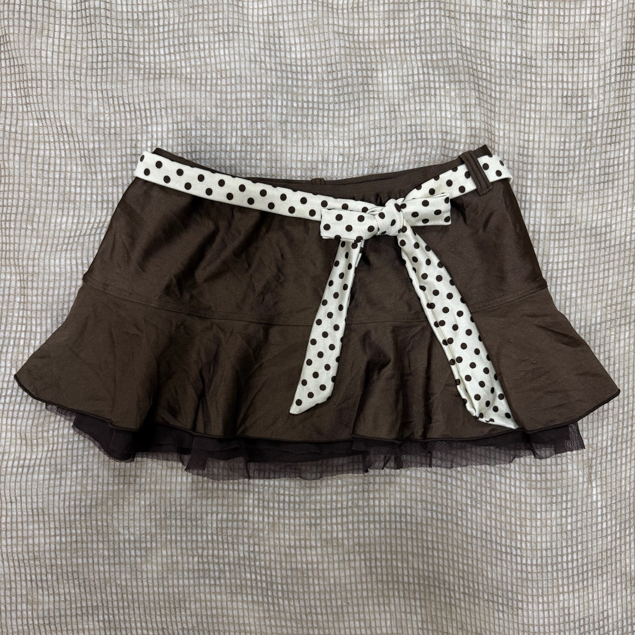 Brown Raffle Mini Skirt with Polka Dot Belt