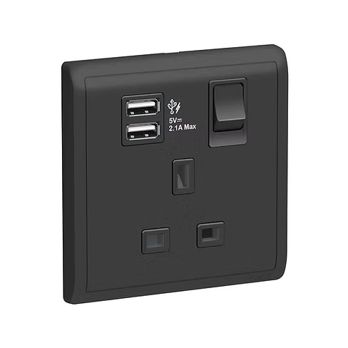 施耐德 Pieno 寫意黑 13A單蘇有掣連Type A USB 插座