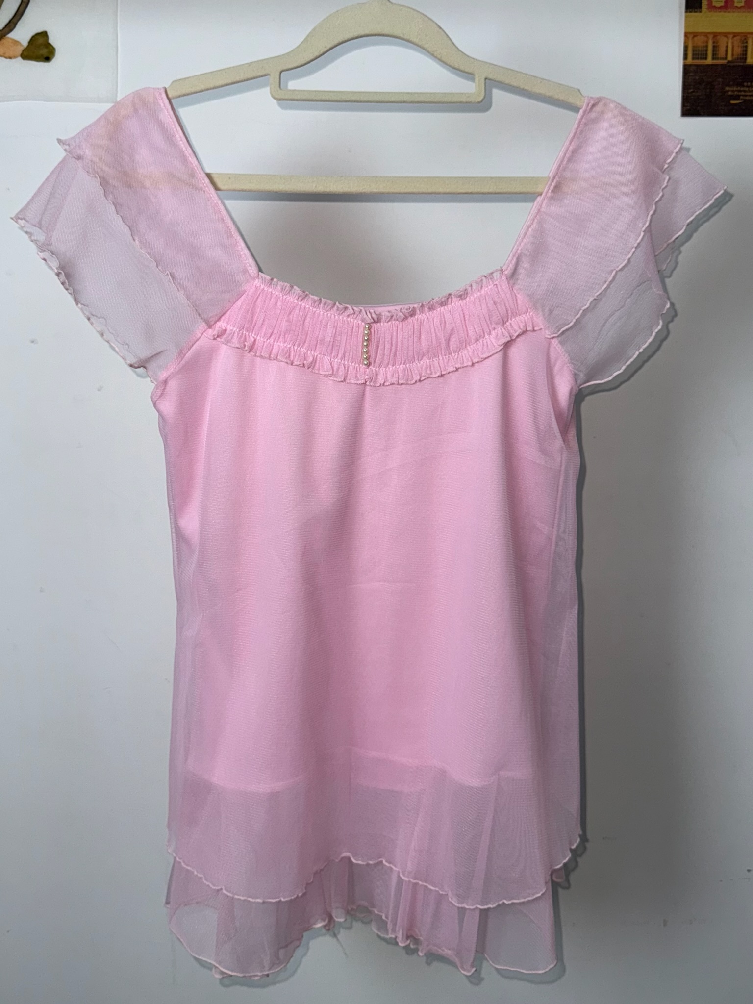 Balletcore Pastel Pink Frill Blouse with Pearls