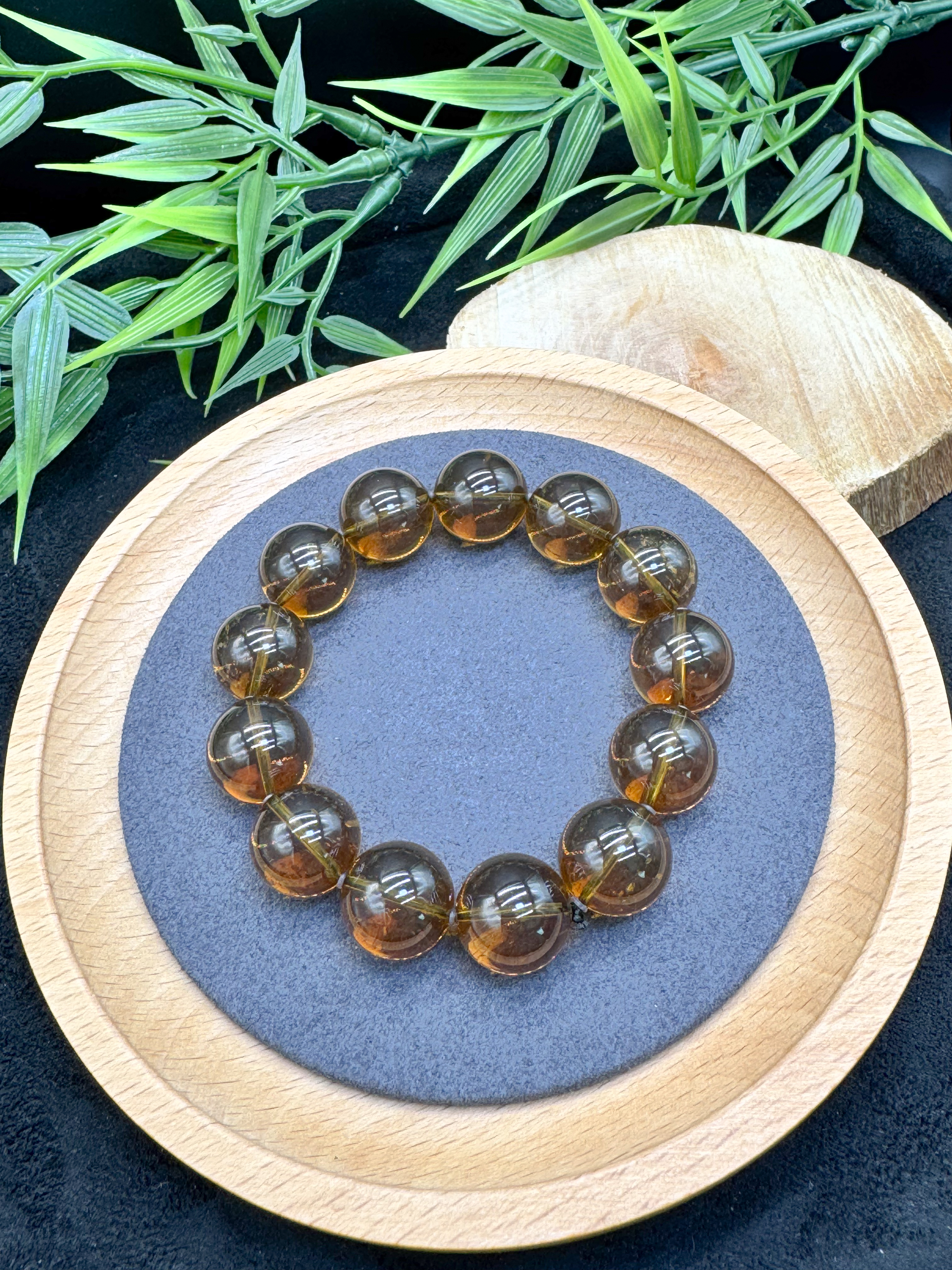 玫瑰茶珀雨花圓珠手鍊 (13+mm)