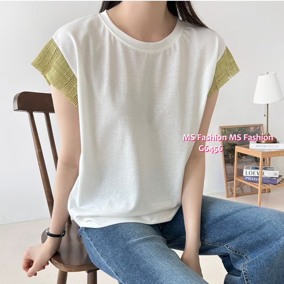 G6456 拼網格袖top