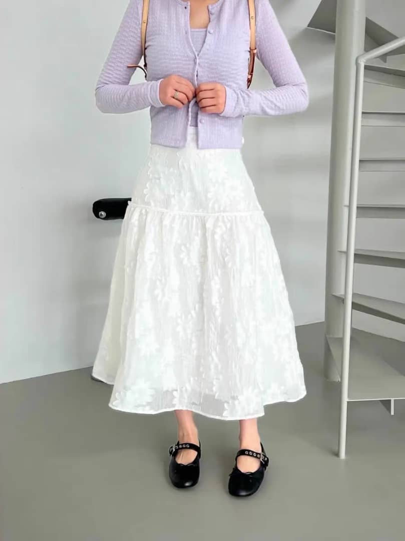 Floral Embroidered Tiered A-Line Skirt ‖ 花卉刺绣拼接伞摆半裙 KR03939