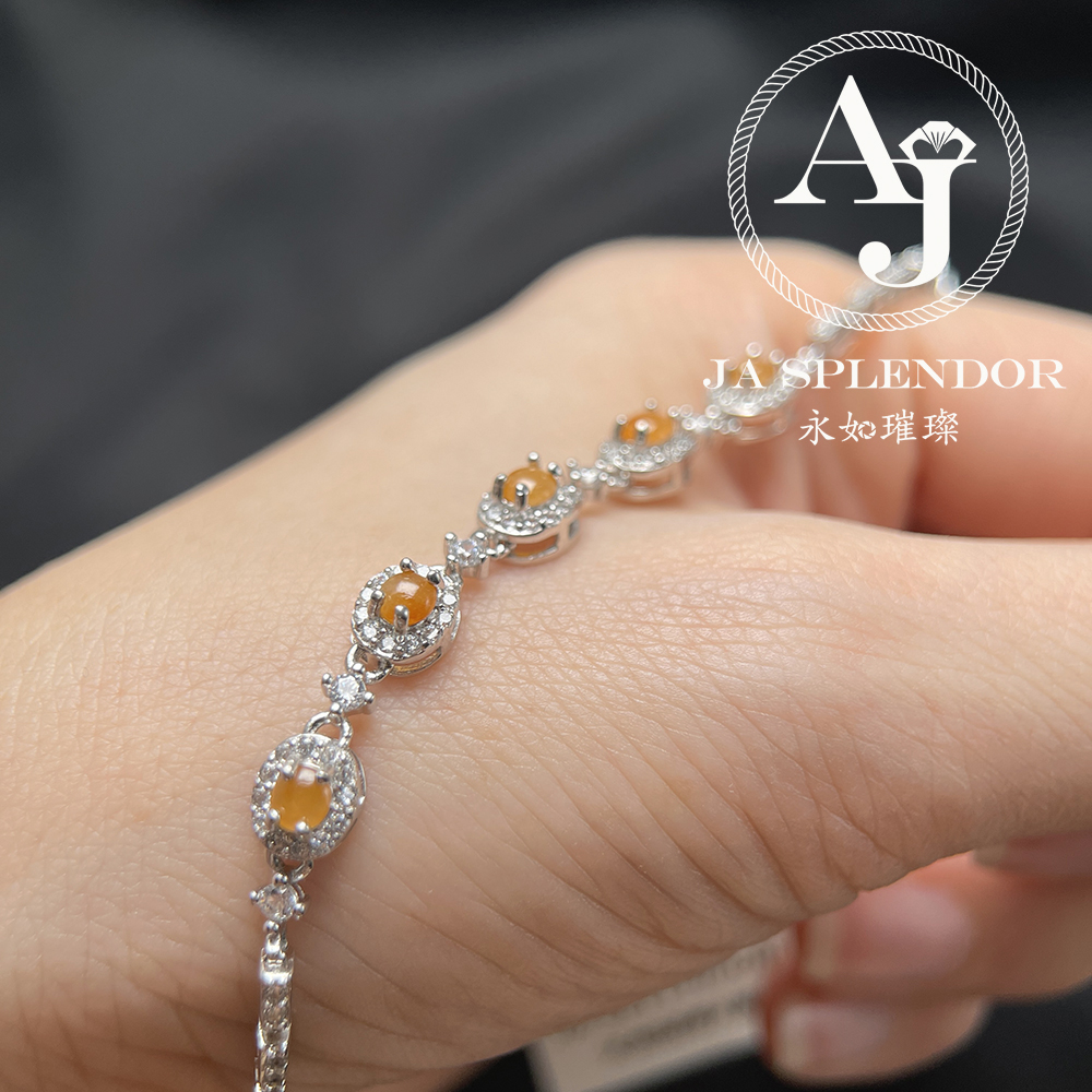 JBS-19 天然翡翠A 玉 冰種黃翡蛋面純銀手鏈