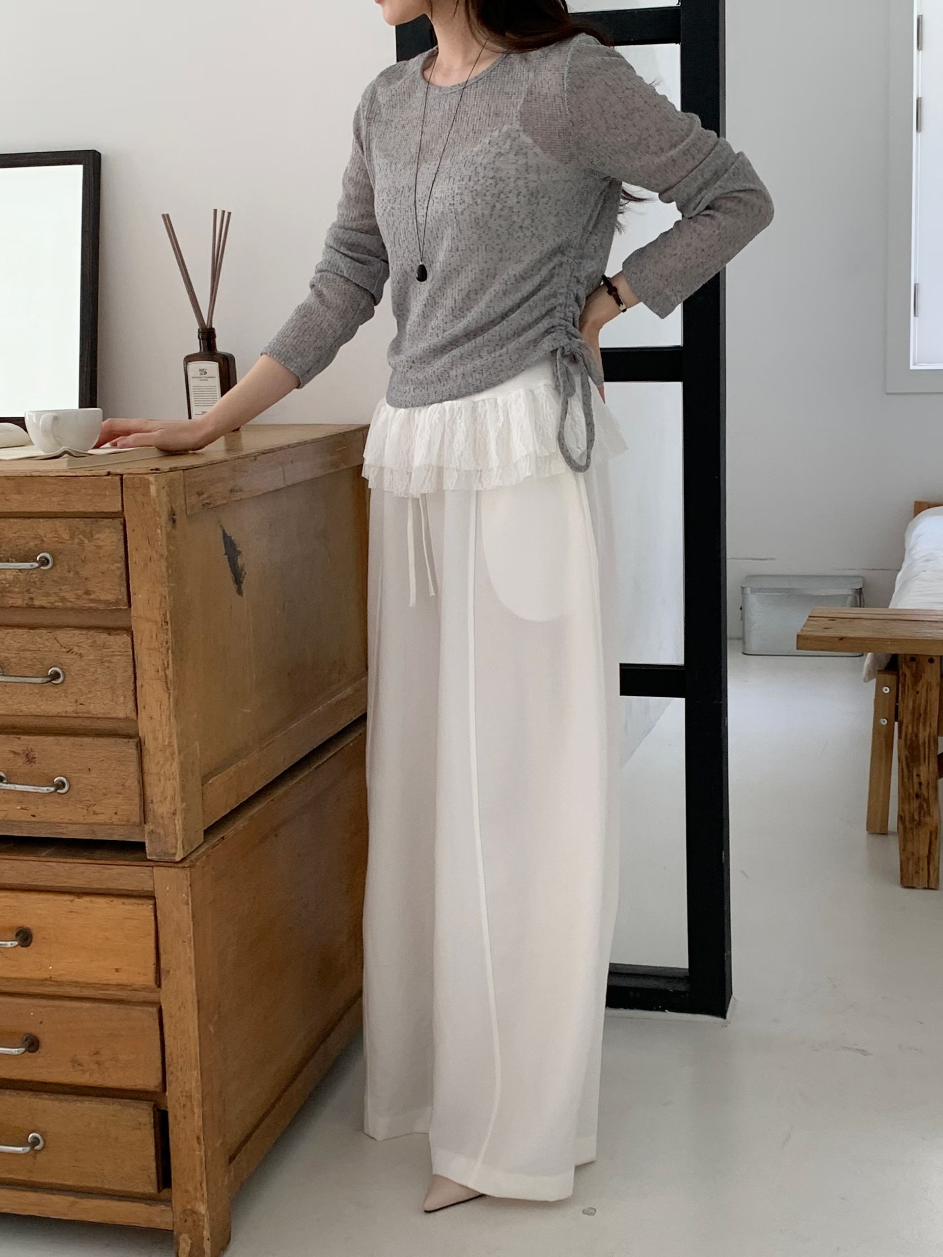 CT21 韓系抽繩鬆緊高腰闊腿褲