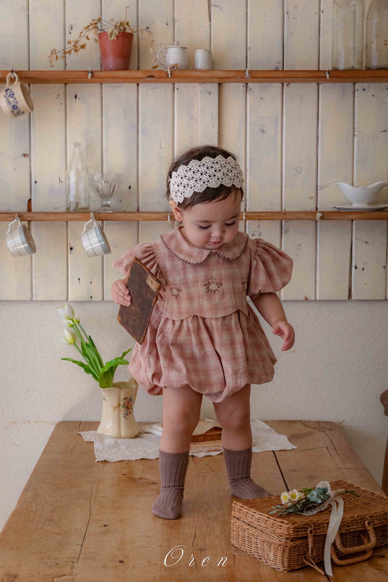 ☀️預訂 韓國直送☀️🇰🇷Oren Toua刺繡格紋泡泡袖包屁衣/連身裙