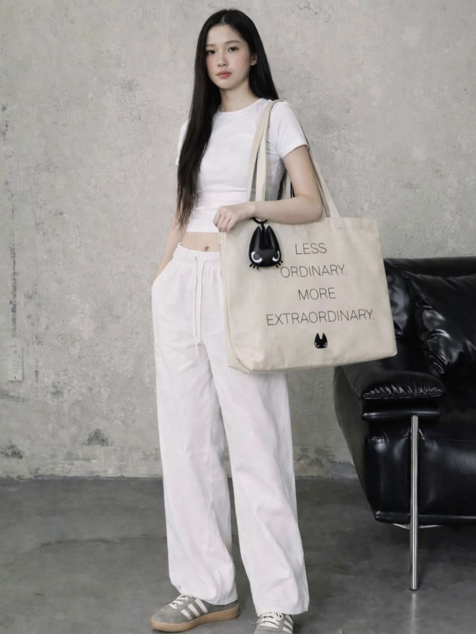 CP1630 2pcs Black & Beige Minimal Statement Canvas Tote Bag