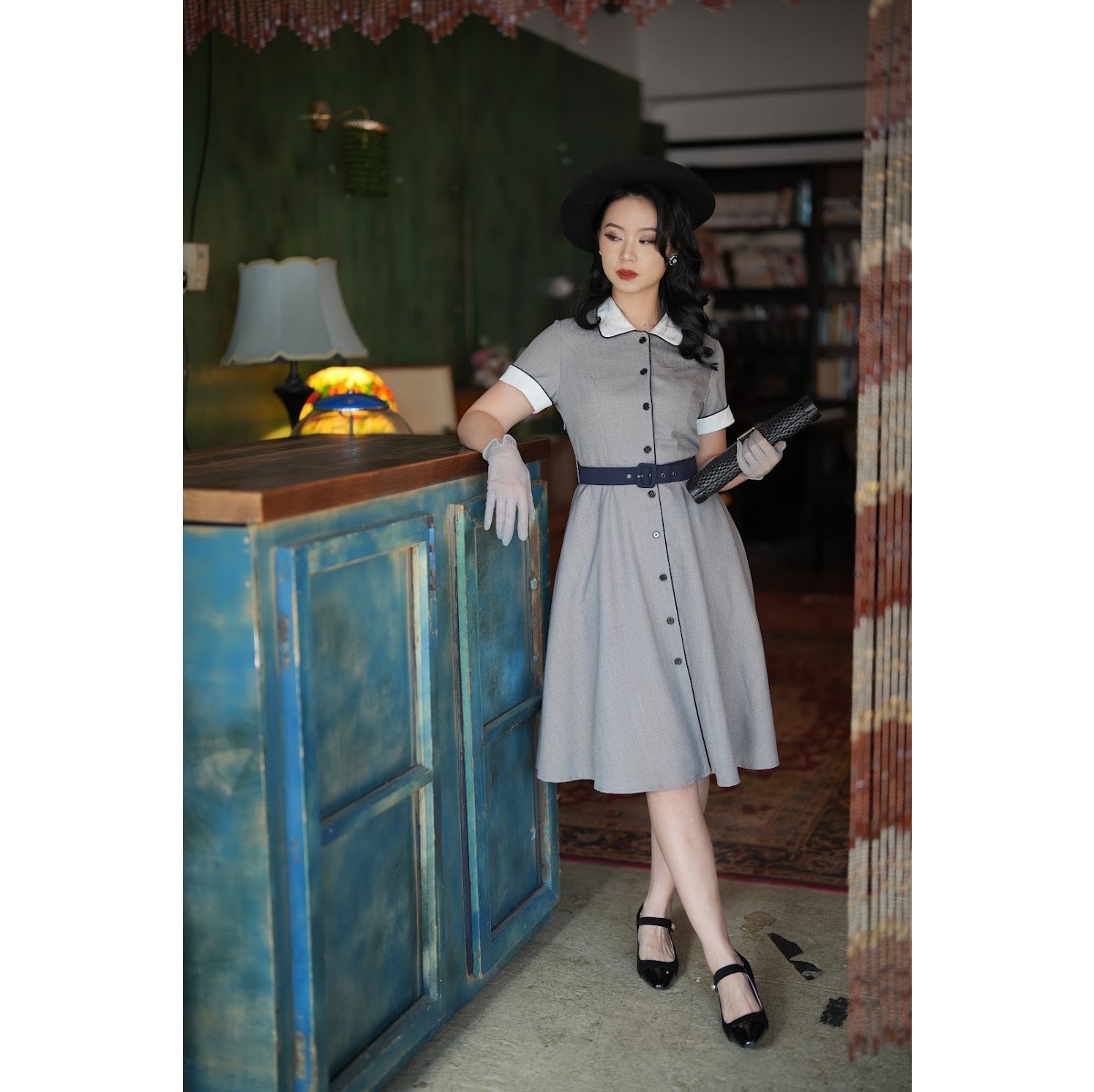 (Last Vest S)1950s Vogue Lady Half Way Button Up Dress -Vest(FM178)