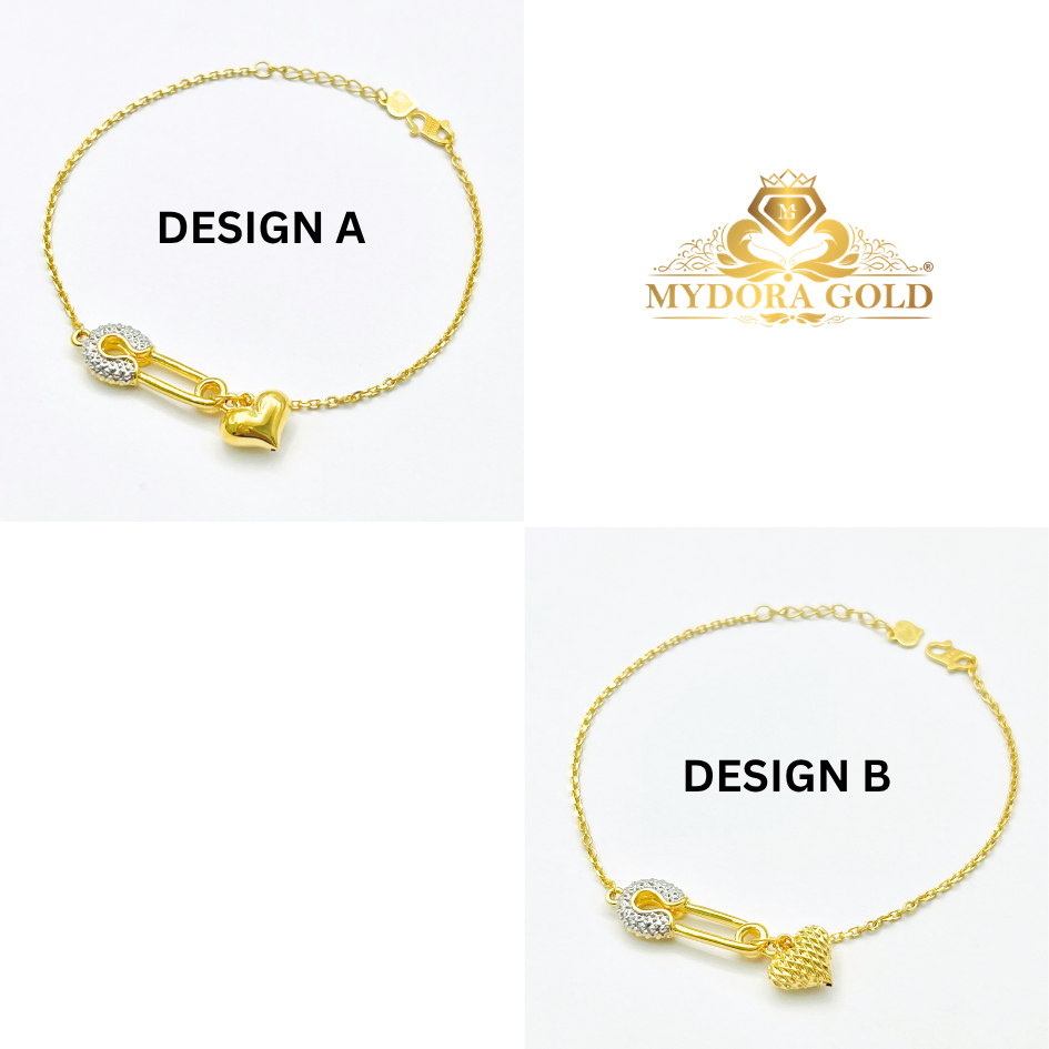 MYDORA Rantai Tangan Fesyen Safety Pin + Love Gemuk Series l EMAS 916/22K