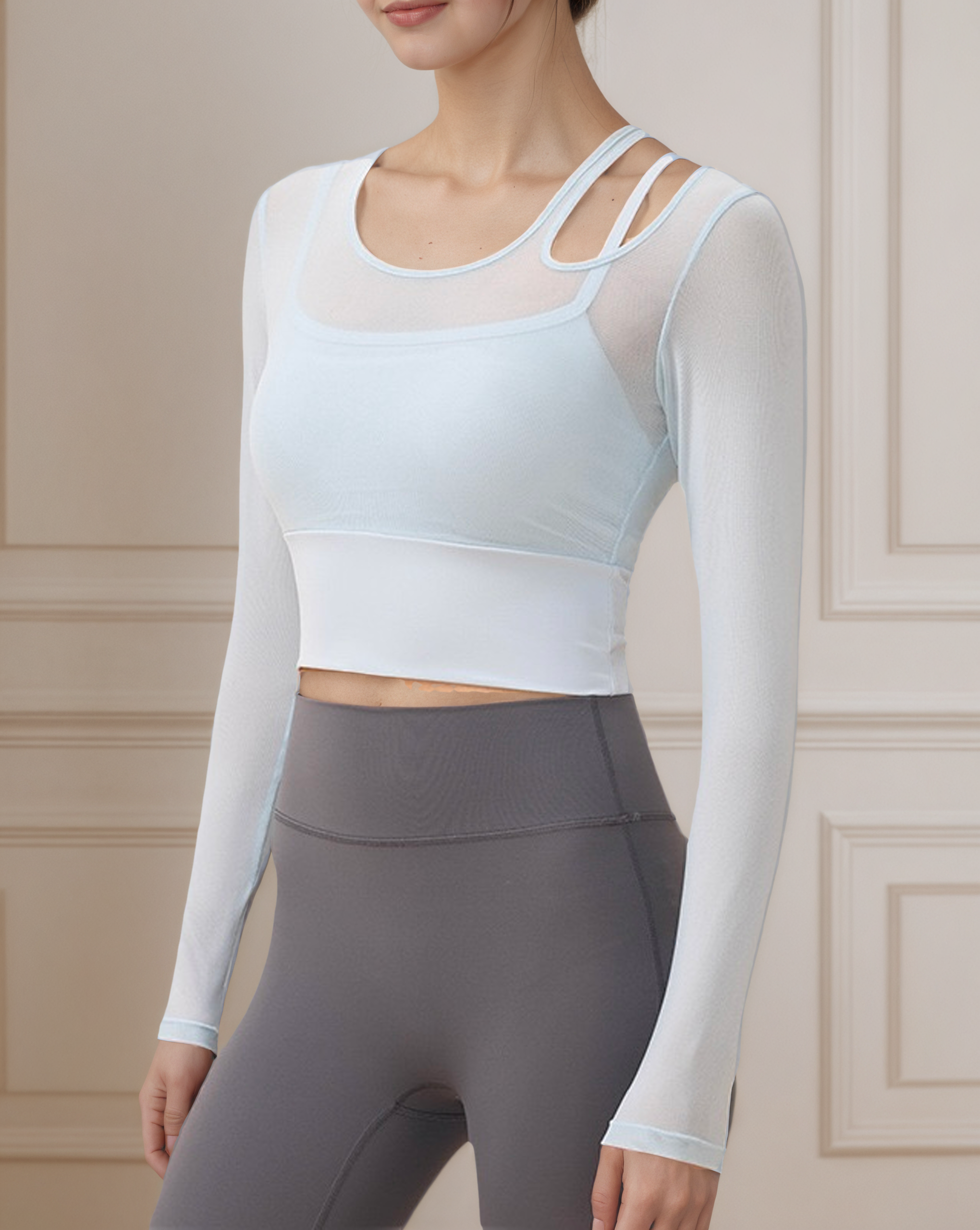 單肩鏤空網紗假兩件瑜珈長袖上衣