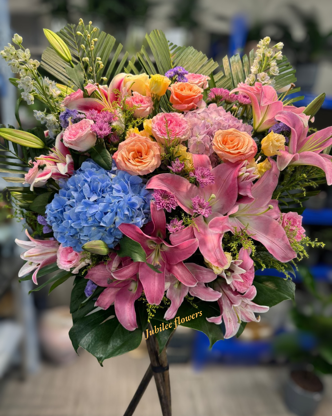 🎉【開張花籃】 粉百合藍繡球開業賀籃