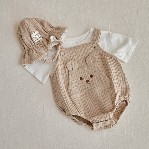 26S/S DTD奶萌人物系列 - 有機棉紗背帶爬服 / 娃娃帽