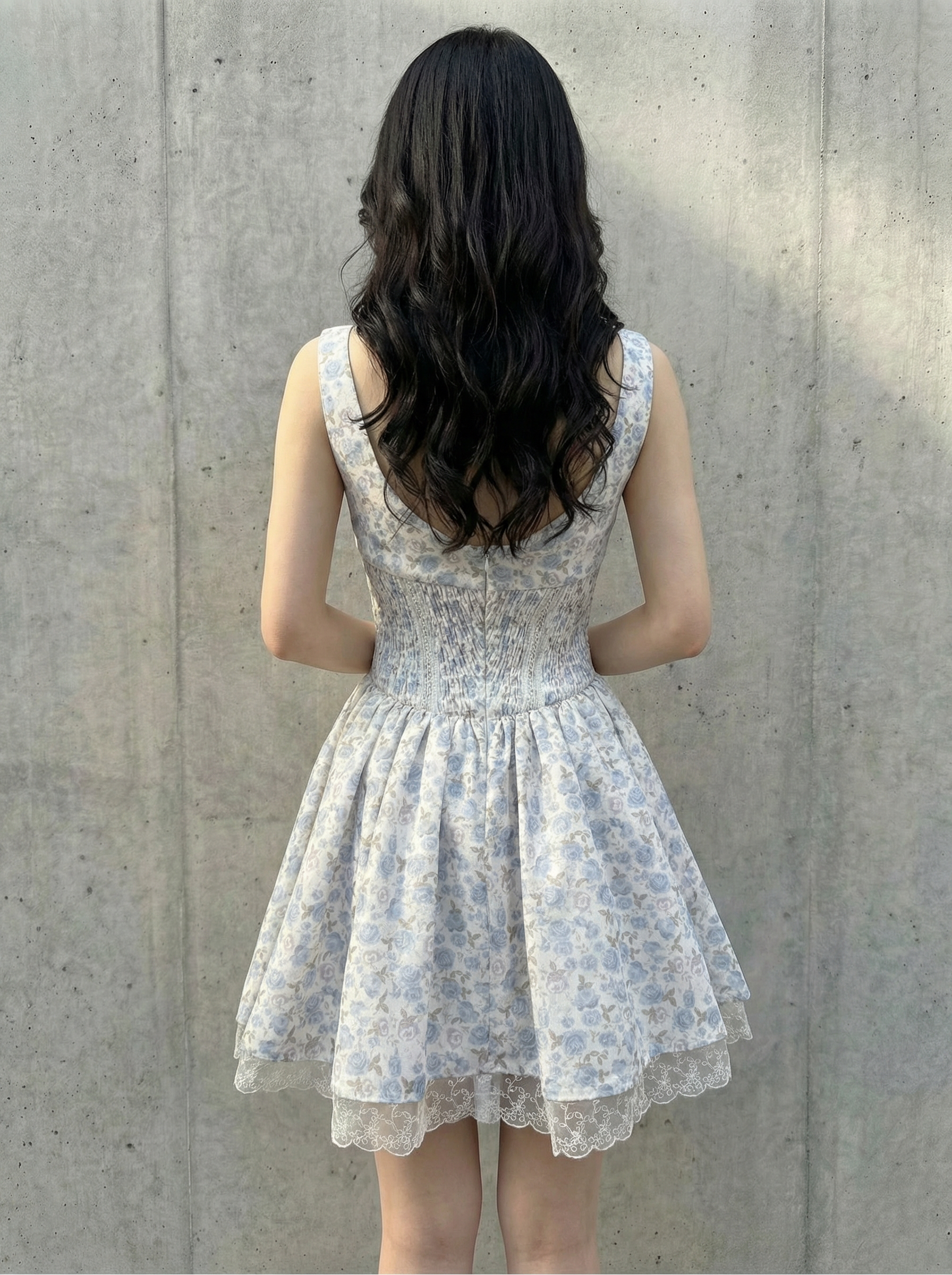 藍色復古碎花蕾收腰連身裙