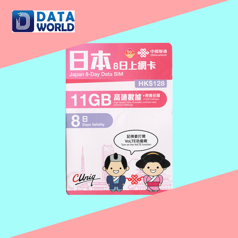 中國聯通 4G/5G $128 日本8日11GB上網卡