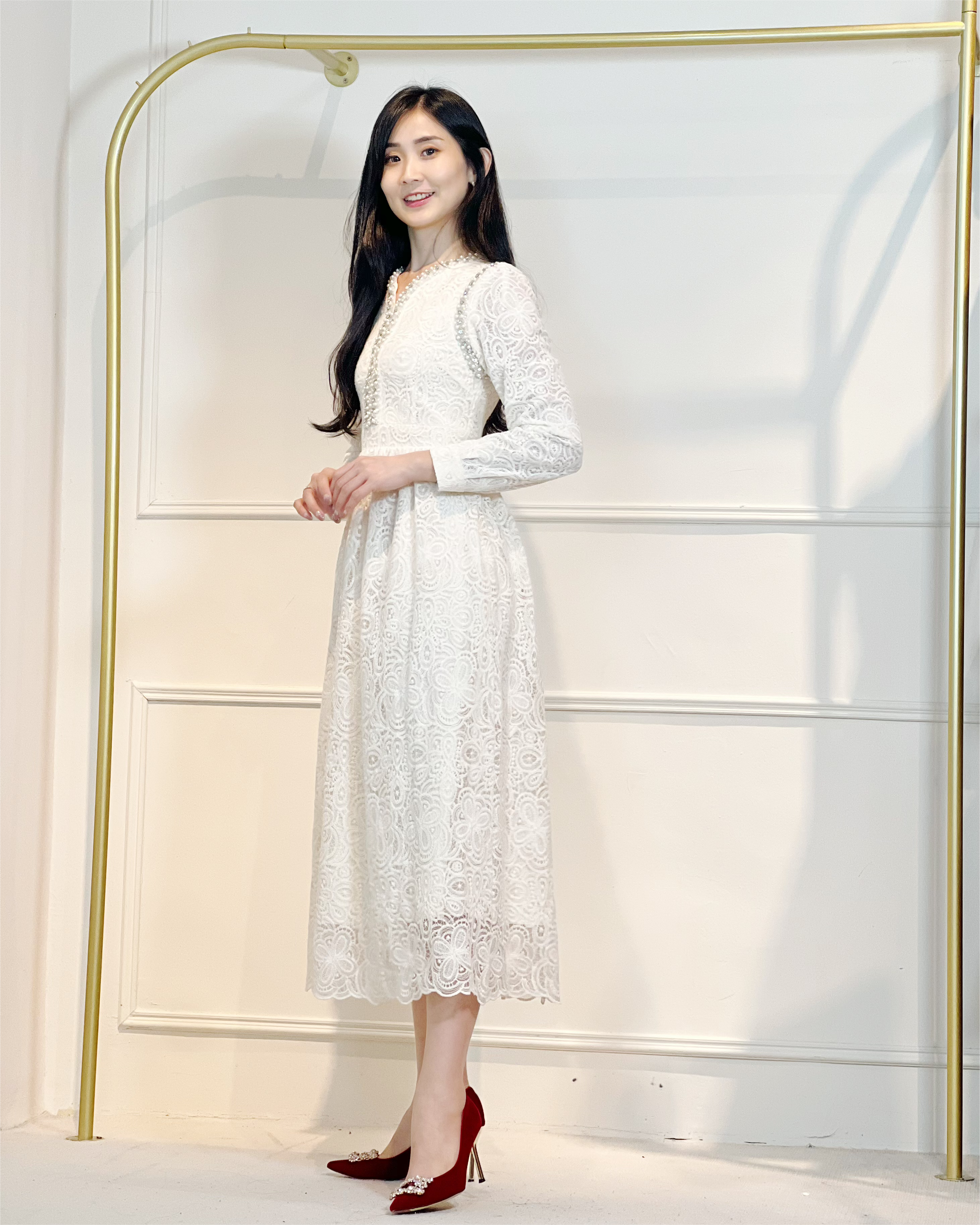 5079 Seraphina Pearl-Trim Lace Dress