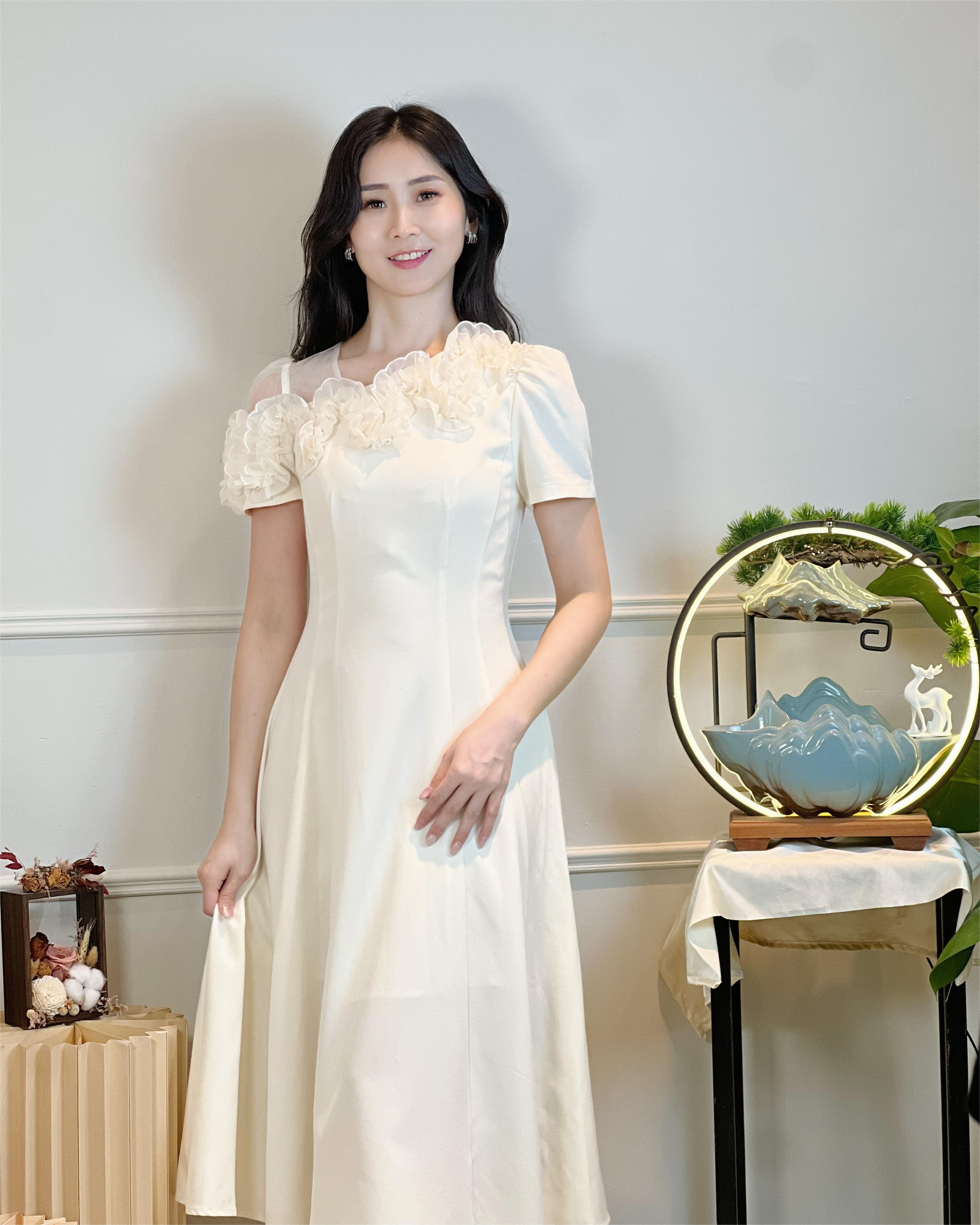 5093 3D Floral Chiffon Appliqué Midi Dress