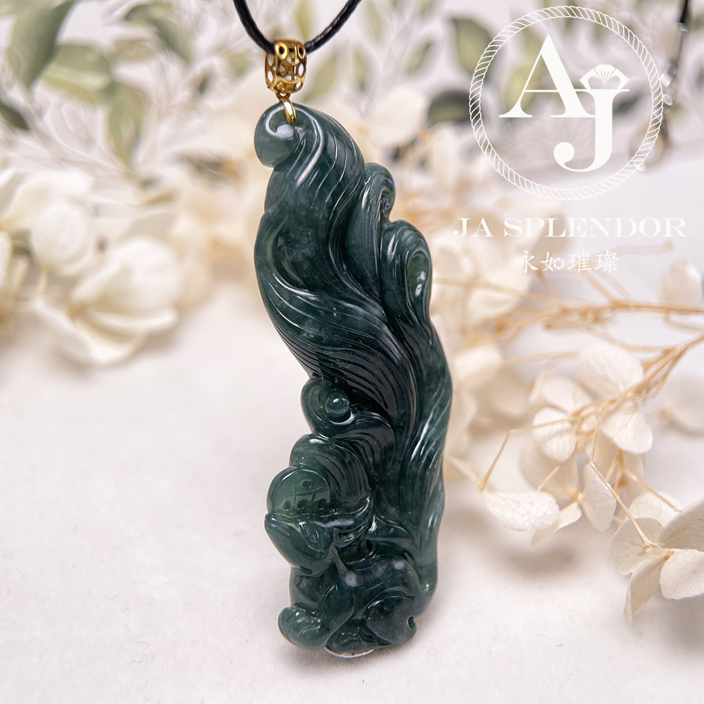 JNK-137 天然翡翠A玉 老藍水18K福壽雙全九尾狐吊墜 (法師加持)