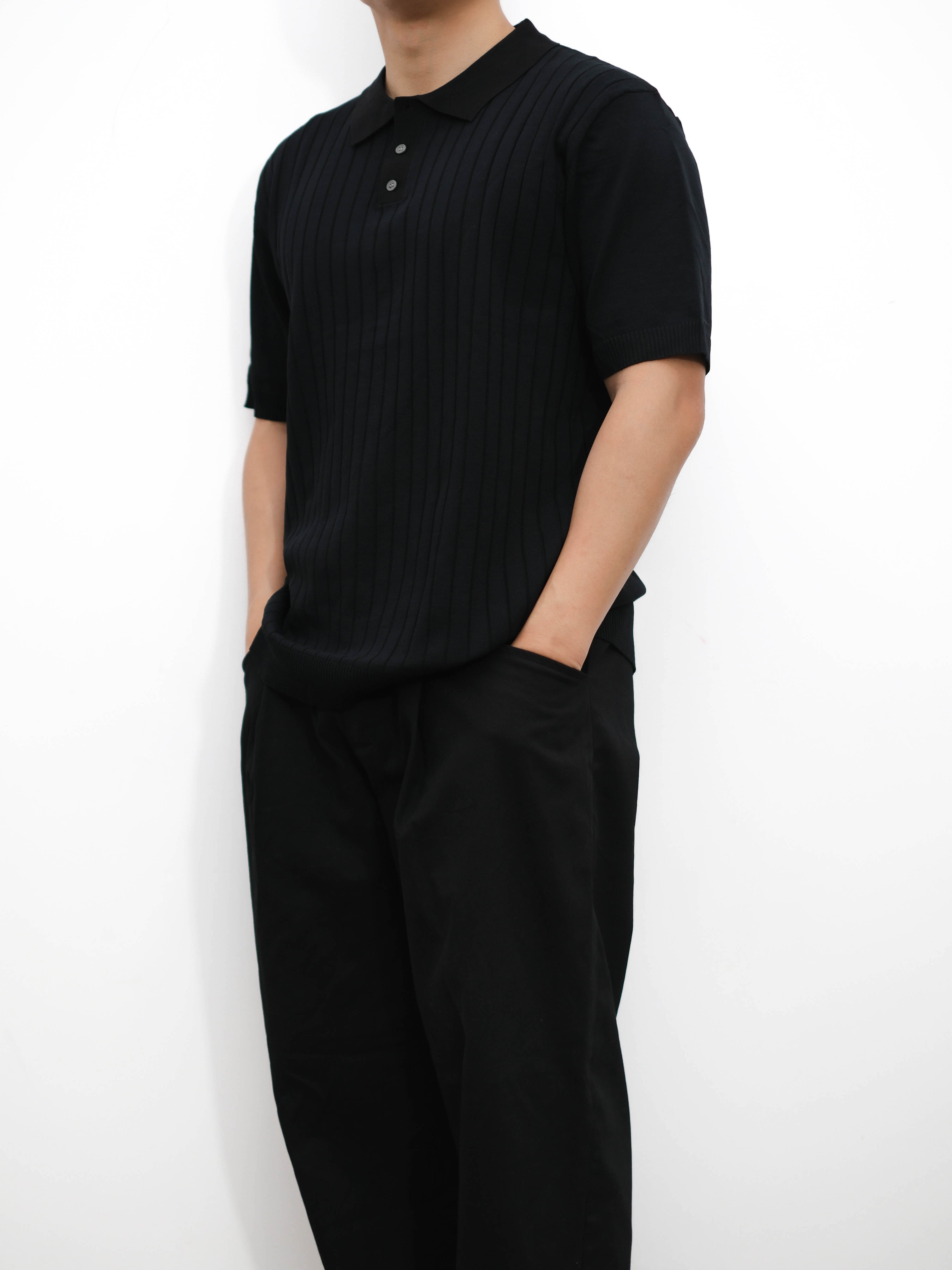 Black Ribbed Knit Polo