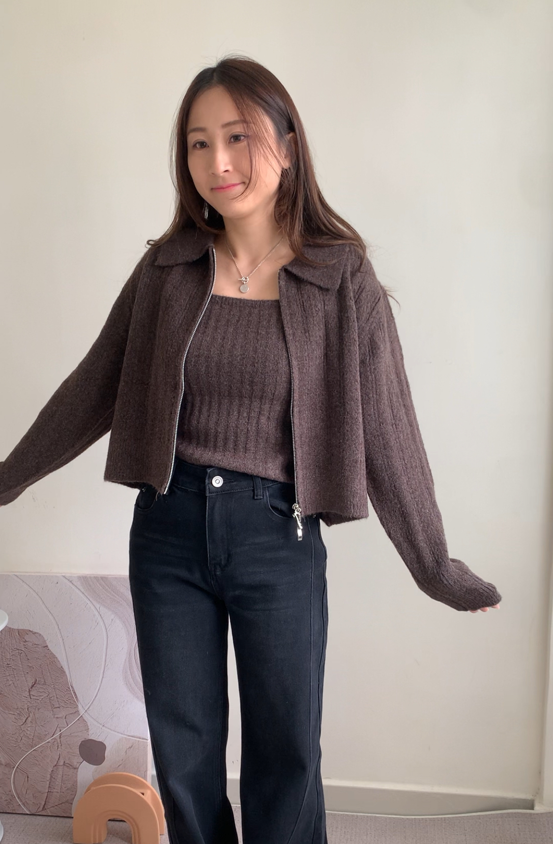 通花拉鍊反領外套-啡色