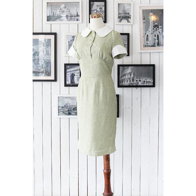 （SOLD OUT） 1950s Summer Lady Worker Olive Linen Dress(FM022)