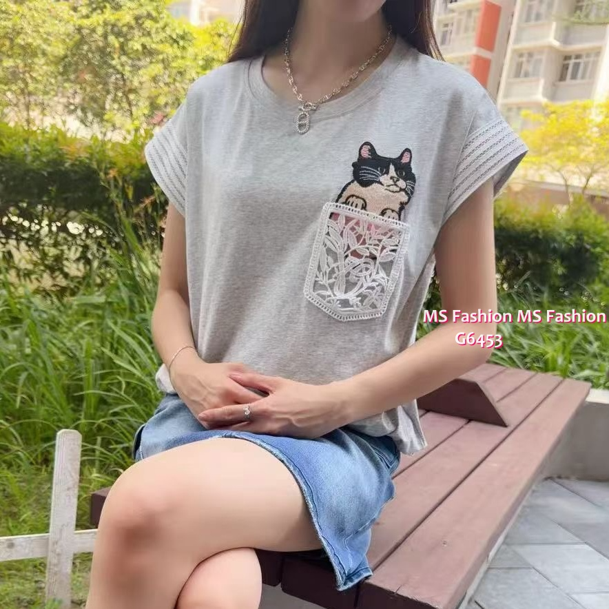 G6453 可愛貓咪通花top
