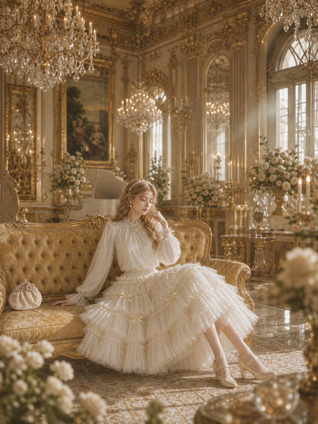凡爾賽宮廷珍珠蕾絲襯衫 Versailles Court Pearl & Lace Blouse & 幻彩流光蝴蝶結蛋糕裙 Chimeric Shimmer Bow Tiered Cake Skirt