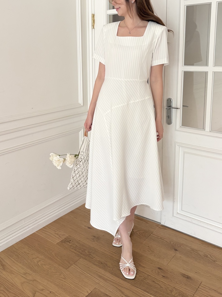 Asymmetric Striped Dress (Ivory)