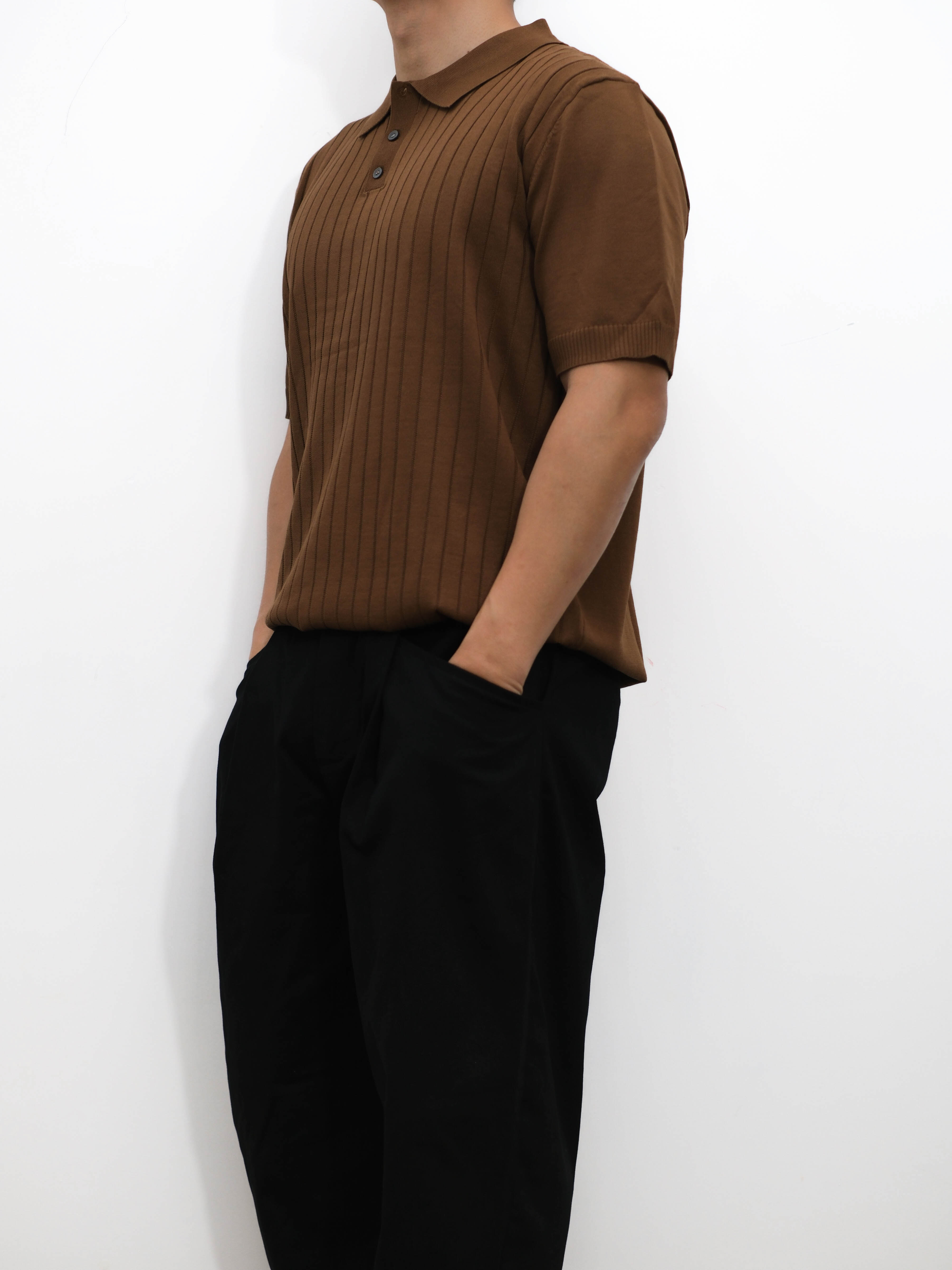Brown Ribbed Knit Polo