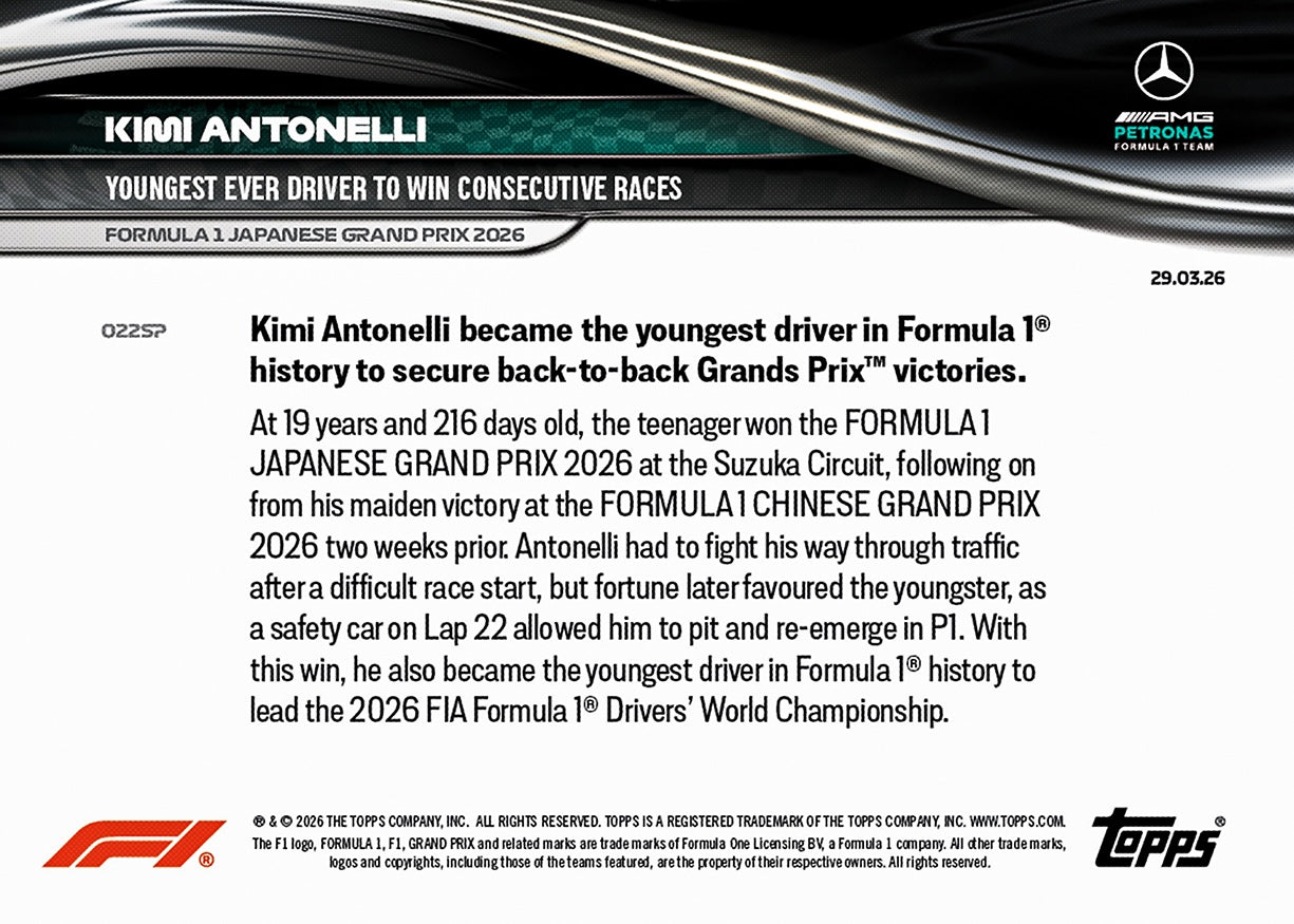 Kimi Antonelli - 2026 F1 Topps NOW® #22 Japanese GP 兩連勝贏車卡｜PR 18,223
