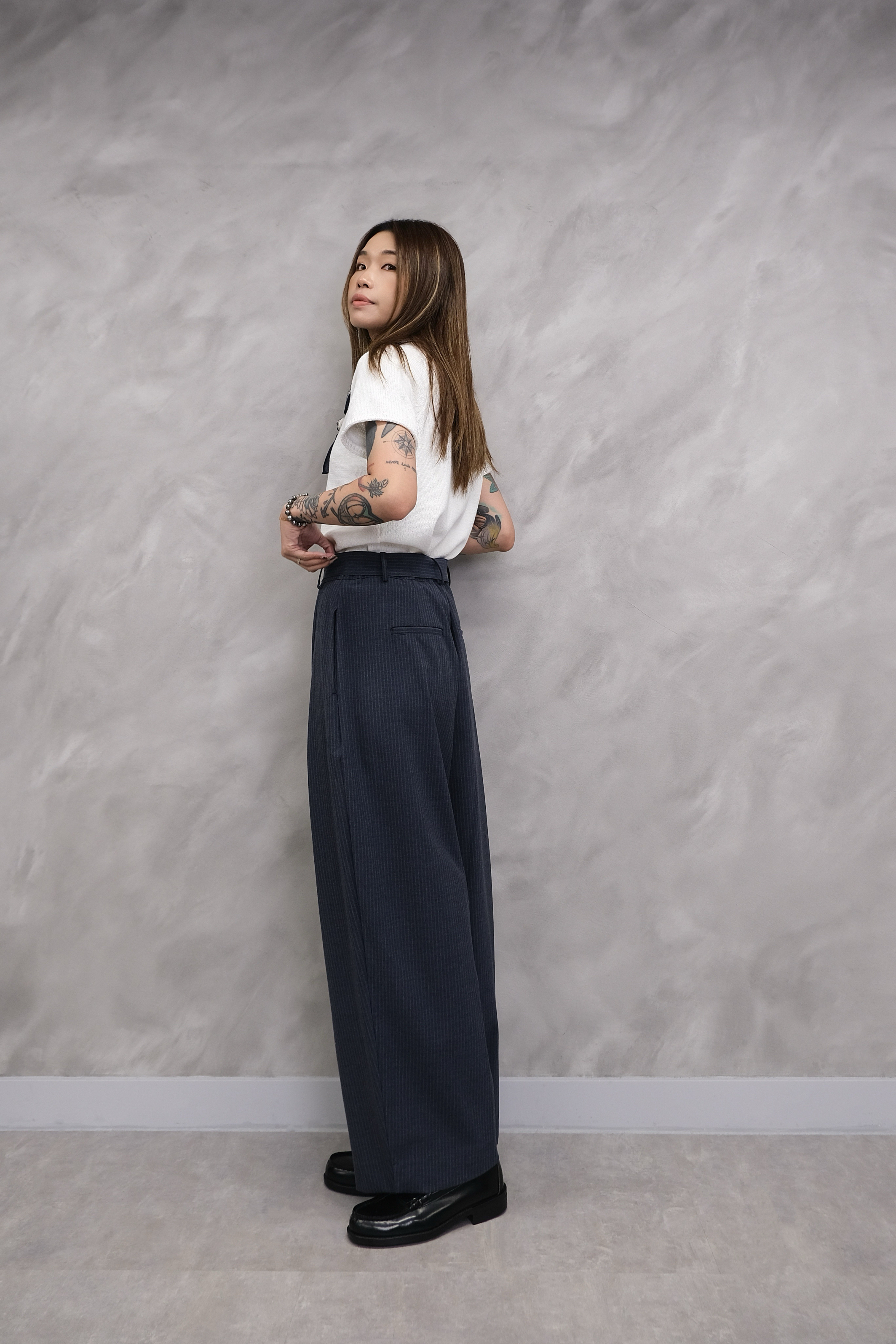 Pinstripe Volume Cross-Waist Trousers #pt82