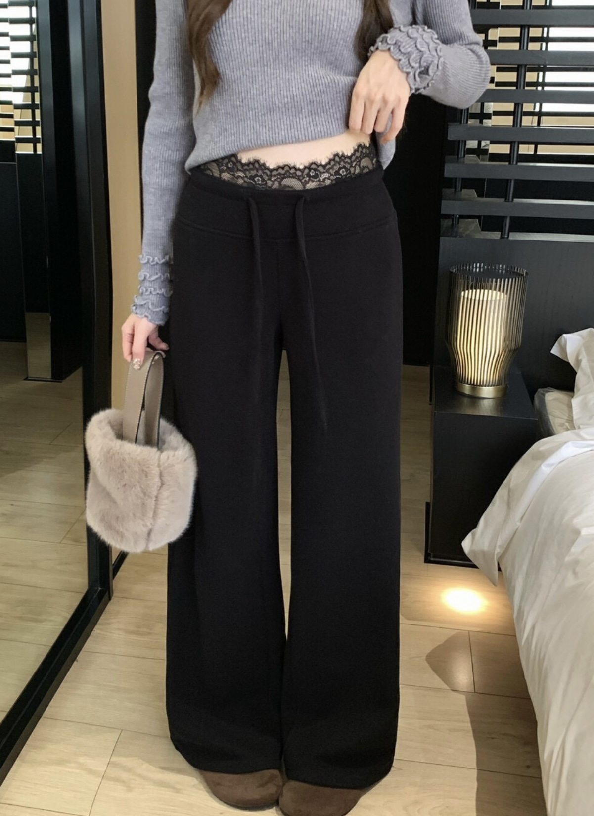 1766 Mist Drape Lace Trim Wide Leg Pants 雾垂蕾丝边阔腿休闲裤 