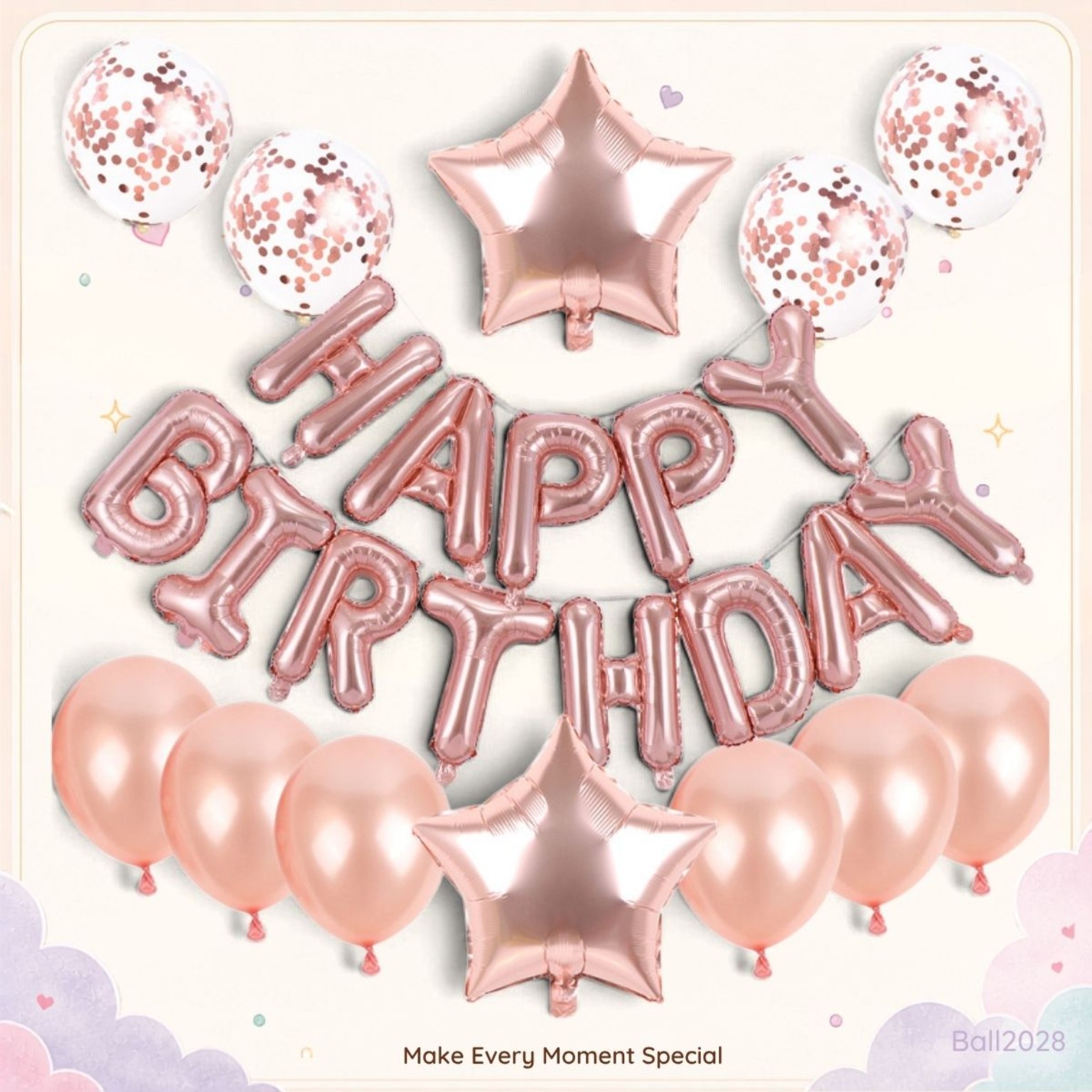 玫瑰金 HAPPY BIRTHDAY 生日派對金屬氣球套裝 星形亮片氣球 Birthday Party Decoration