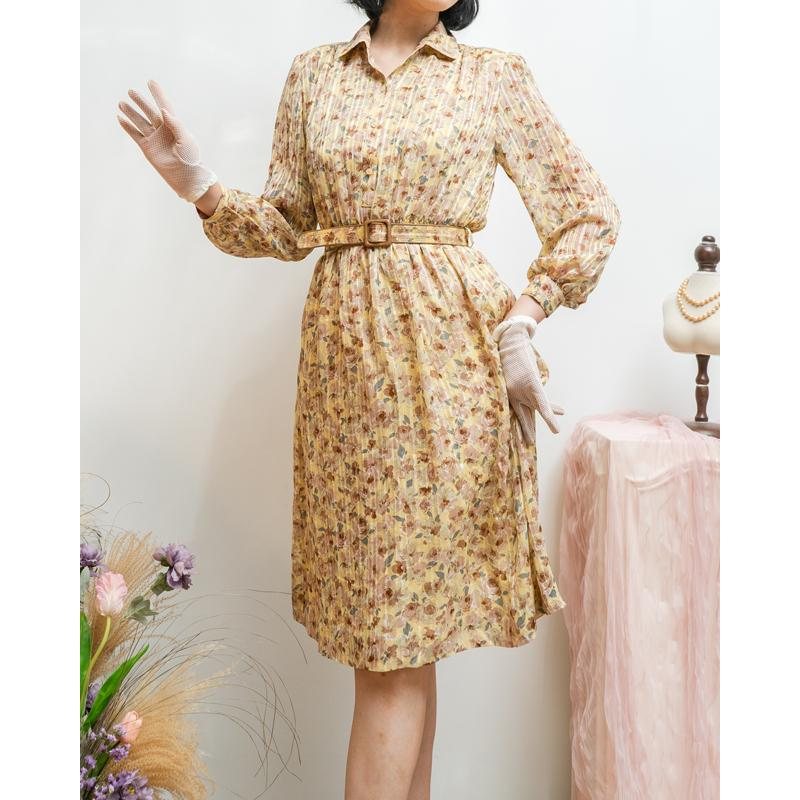 Vintage Japanese Cream Yellow Chiffon Long Sleeve ShirtDress with Original Belt(MT1608-87)