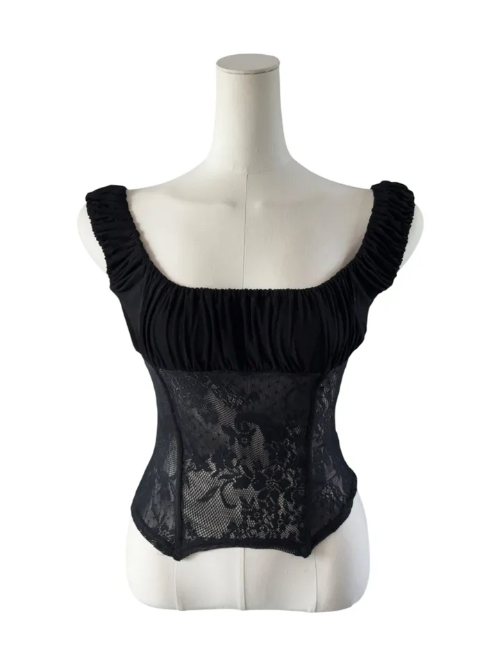 Ruched Sheer Lace Panel Corset Top