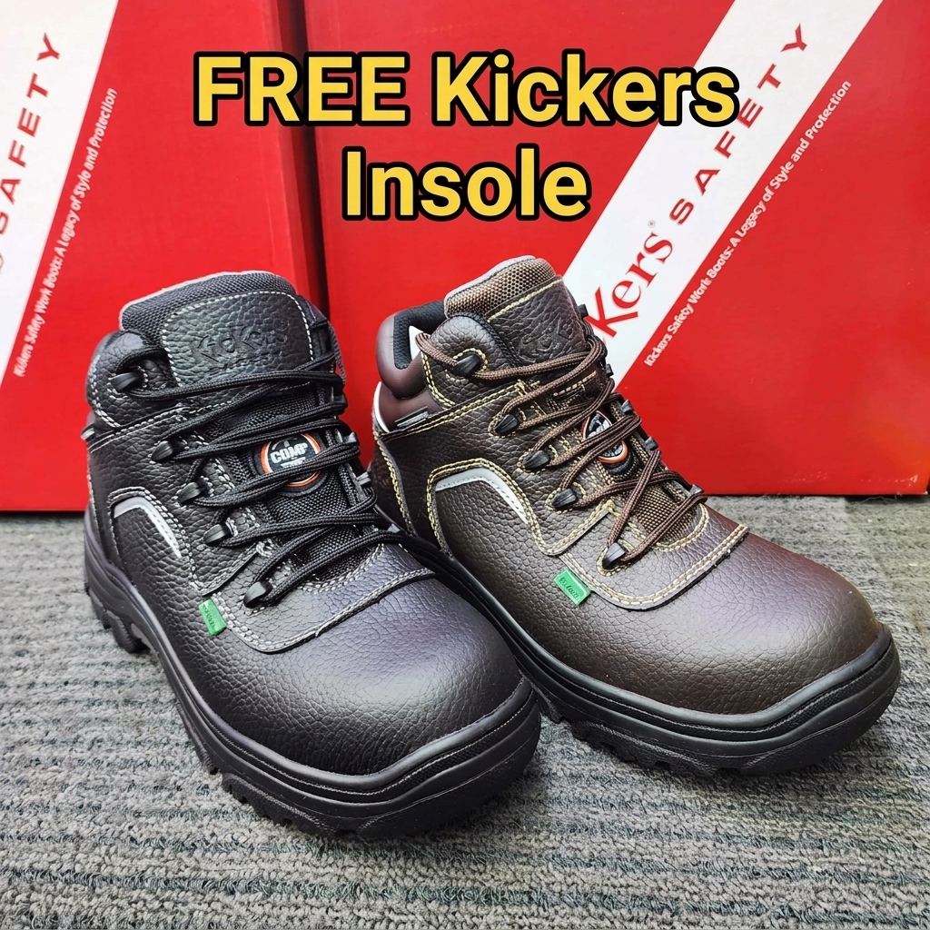 (FREE KICKERS INSOLE) KicKers Safety Shoes 1768 Mid Cut lace Up Black Brown Metal Free Rubber Sole