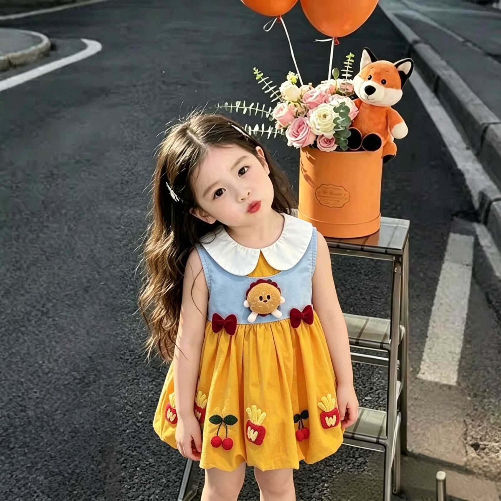 可愛漢堡包娃娃領背心連身裙