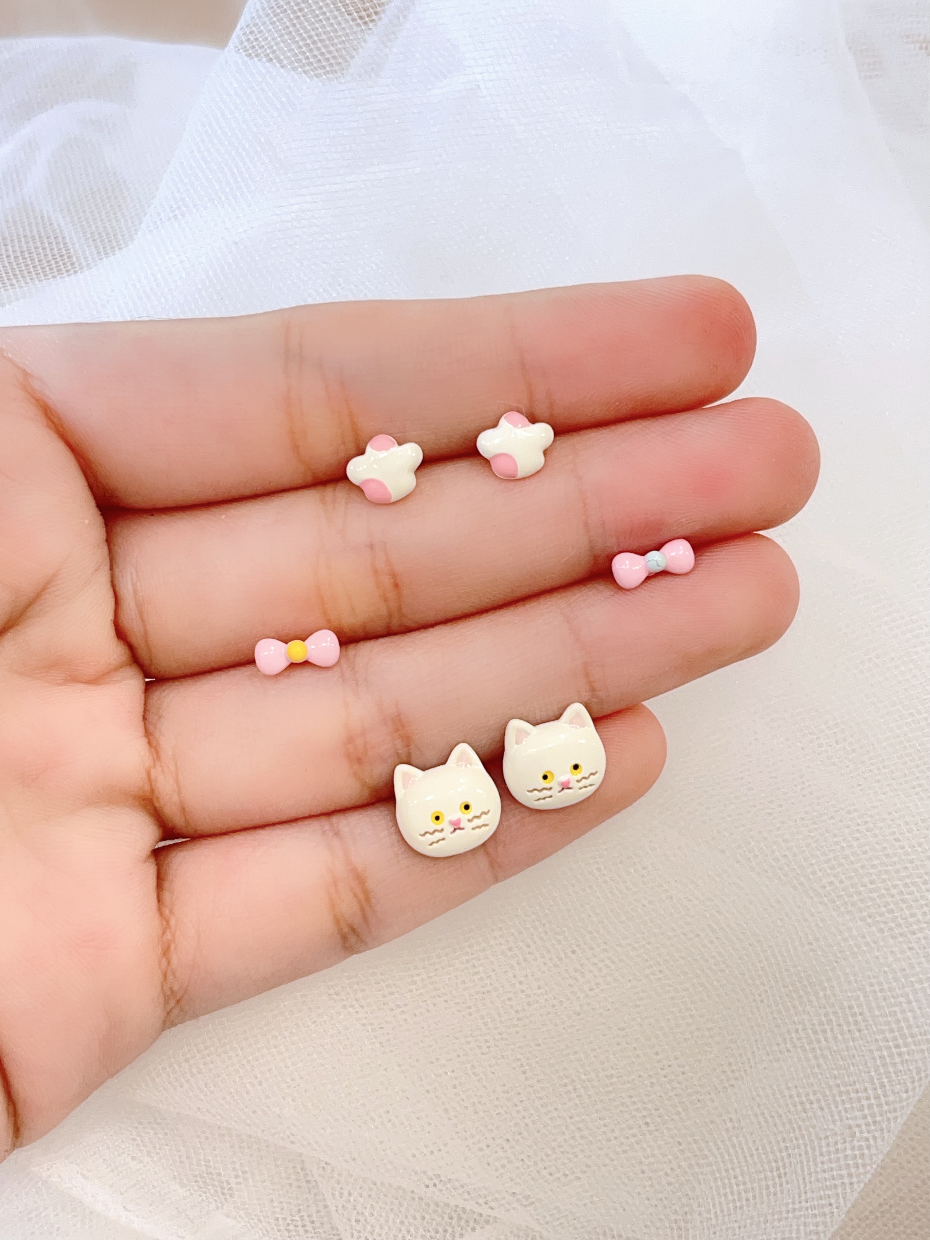 小猫粉色系蝴蝶结耳环套装