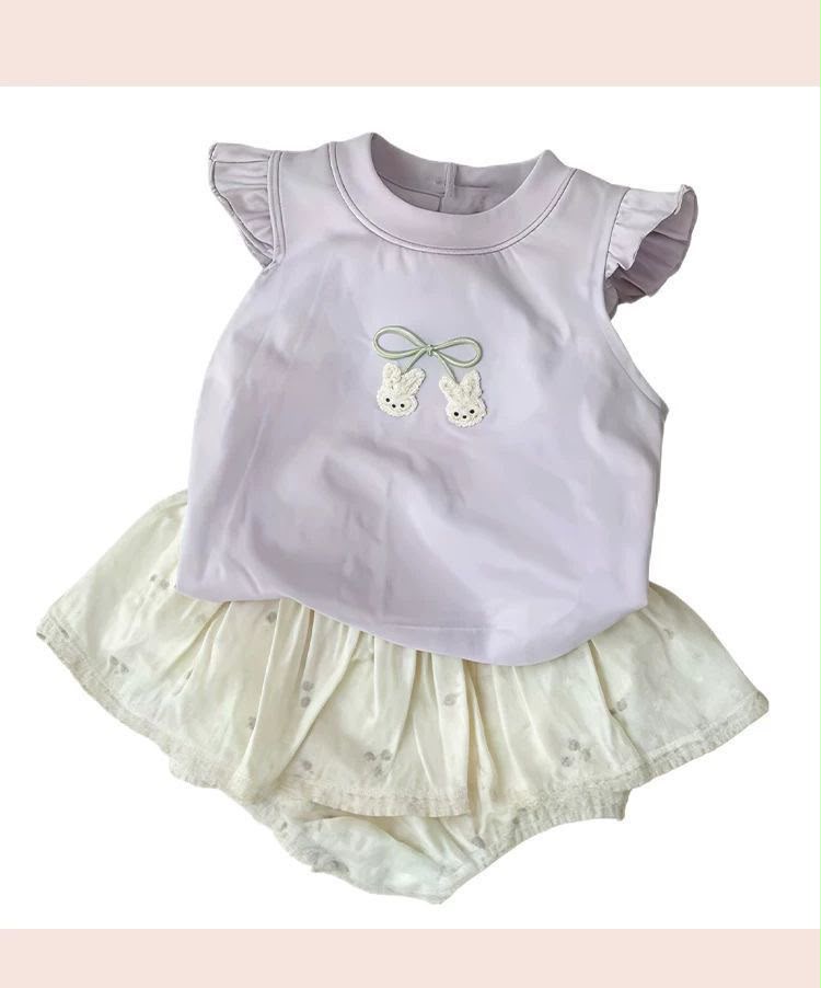 791718 | Baby Girls Lavender Bunny Ruffle Top & Cream Skirted Bloomer Set
