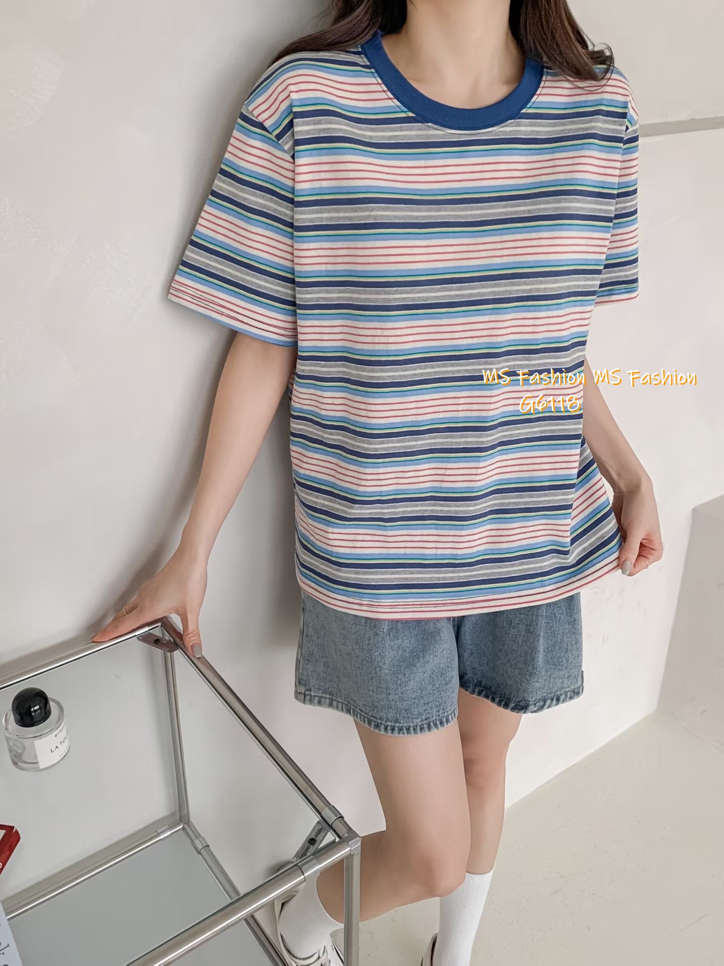 G6118 韓國🇰🇷拼邊領橫間tee