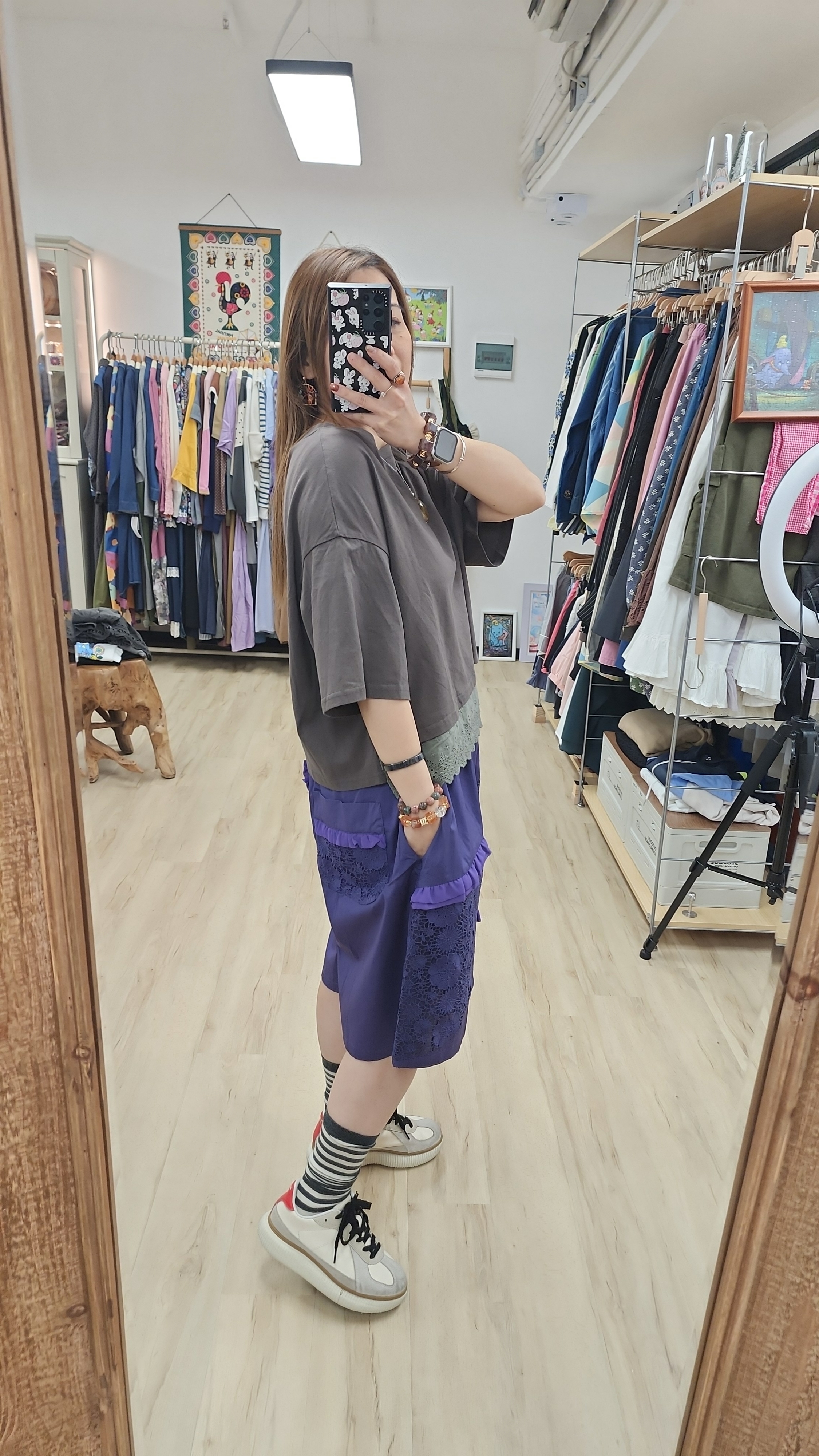 日牌紫拼鴛鴦通花喱士橡筋中長褲