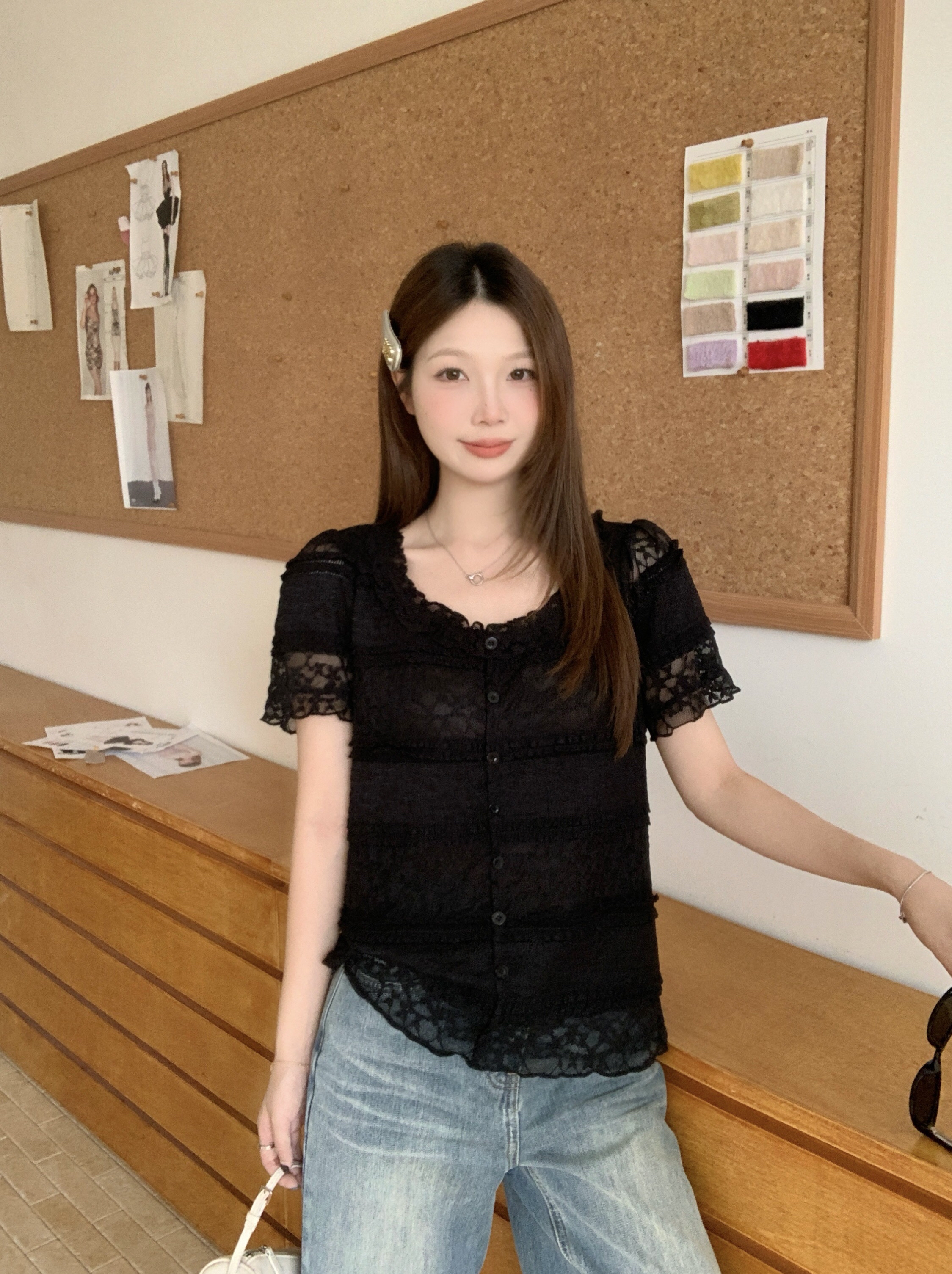 B174(80968) 法式轻奢风褶皱拼蕾丝横排拼接3色上衣 