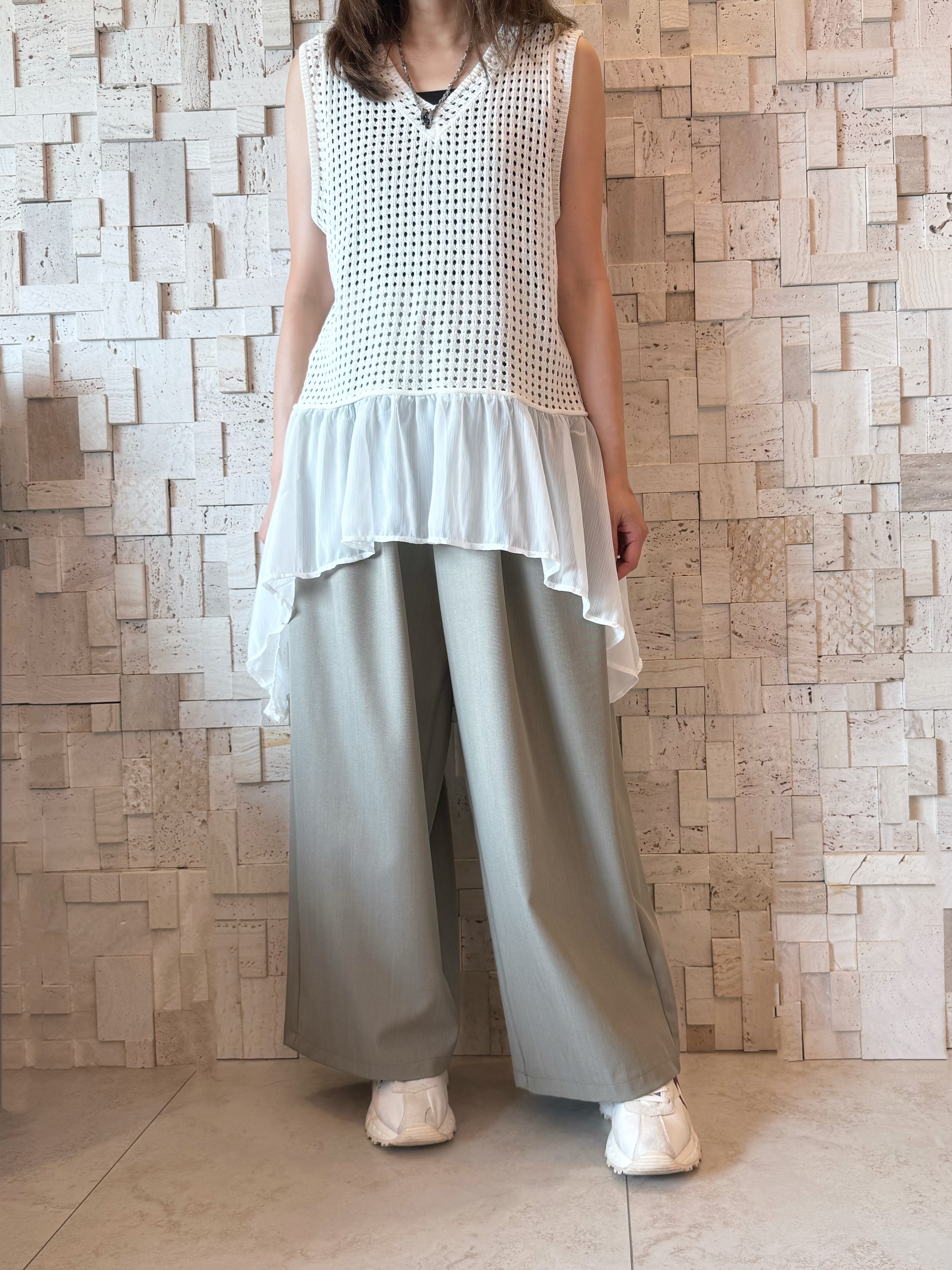 #2096 針織拼薄紗背心☁️