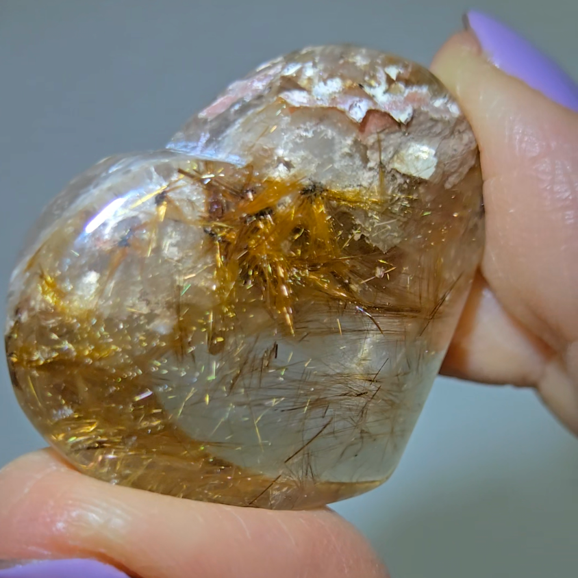 Golden rutile flower on pink lodolite garden quartz heart - RT710