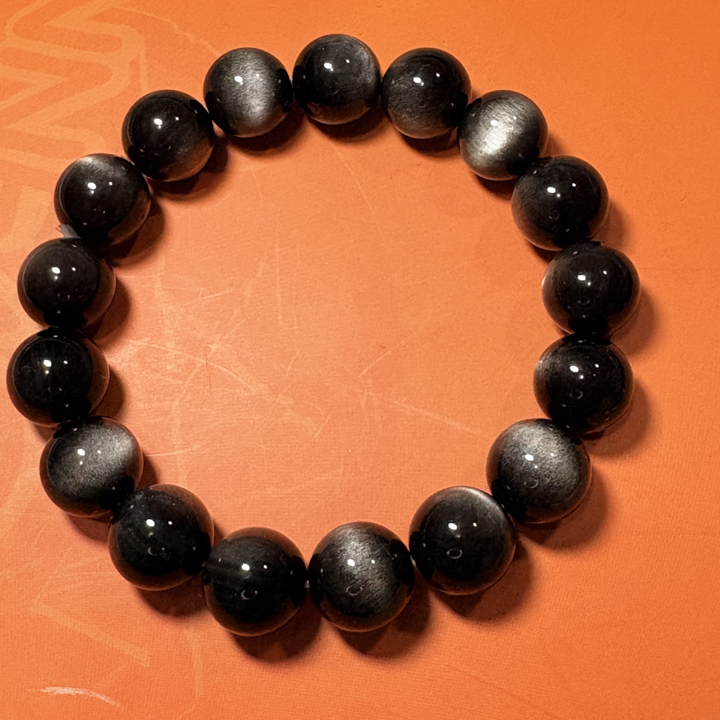 銀黑曜石手串No.4591丨精品貓眼級✨丨12mm珠16.5-17cm手圍