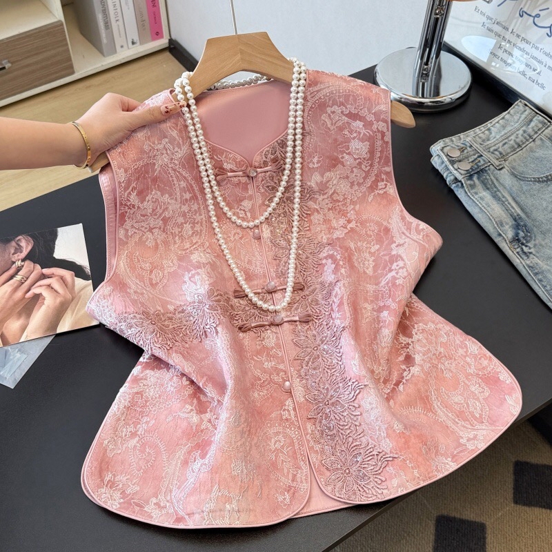 B58(0166) 新中式民族风重工提花横直刺绣蕾丝花粉黄马甲上衣 