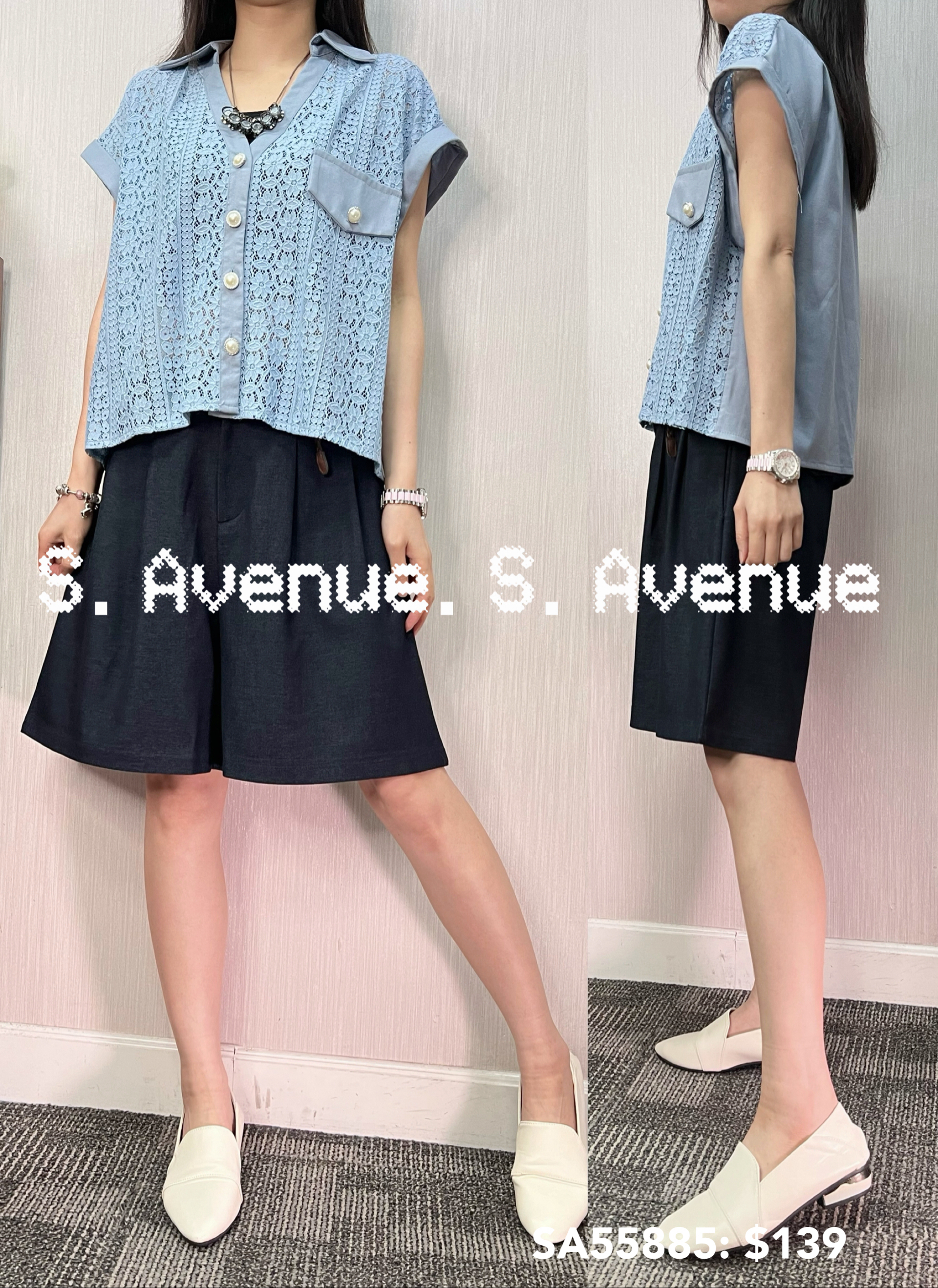 SA55885: 短袖有領V領lace shirt