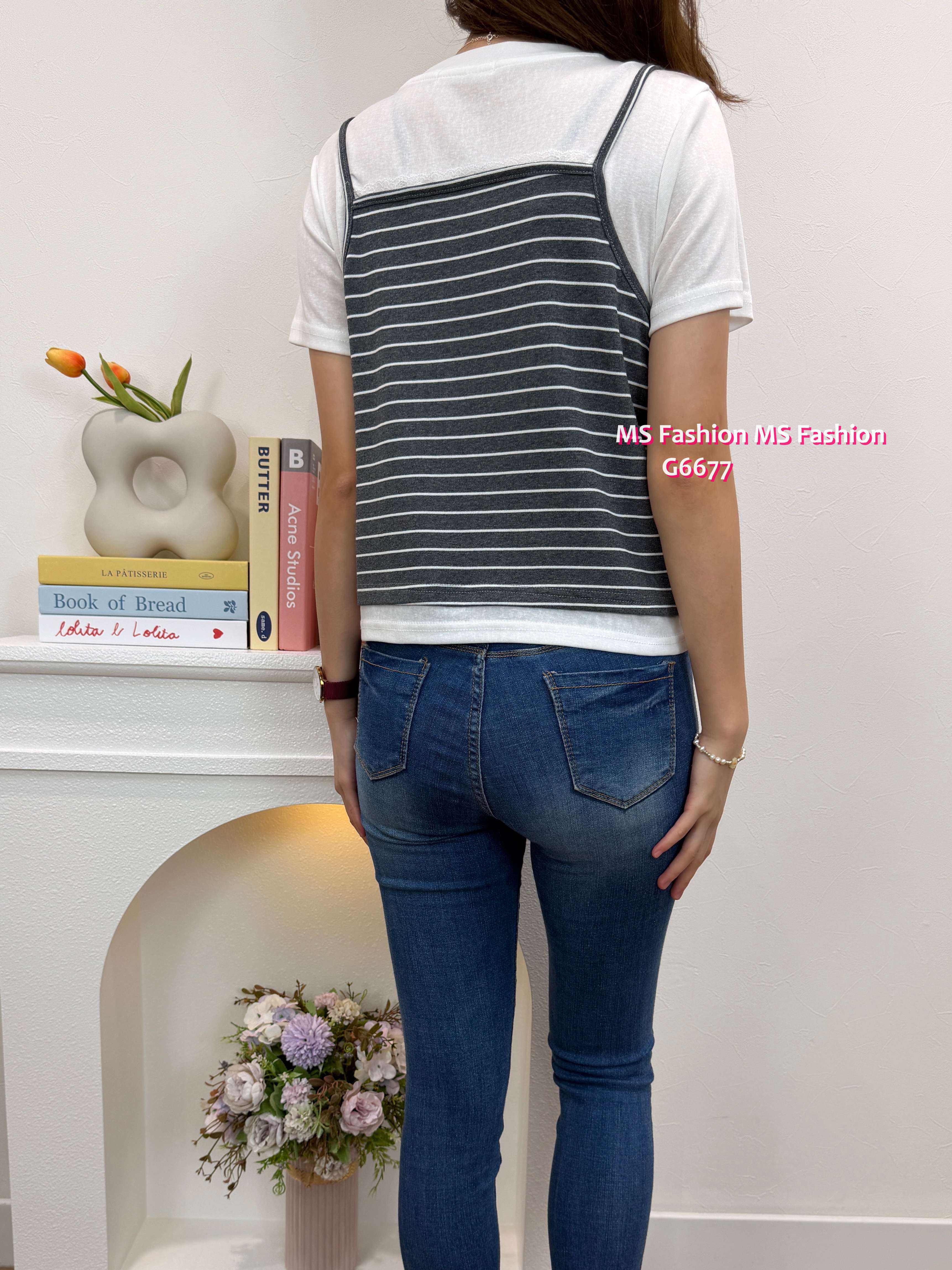 G6677 橫間假兩件top
