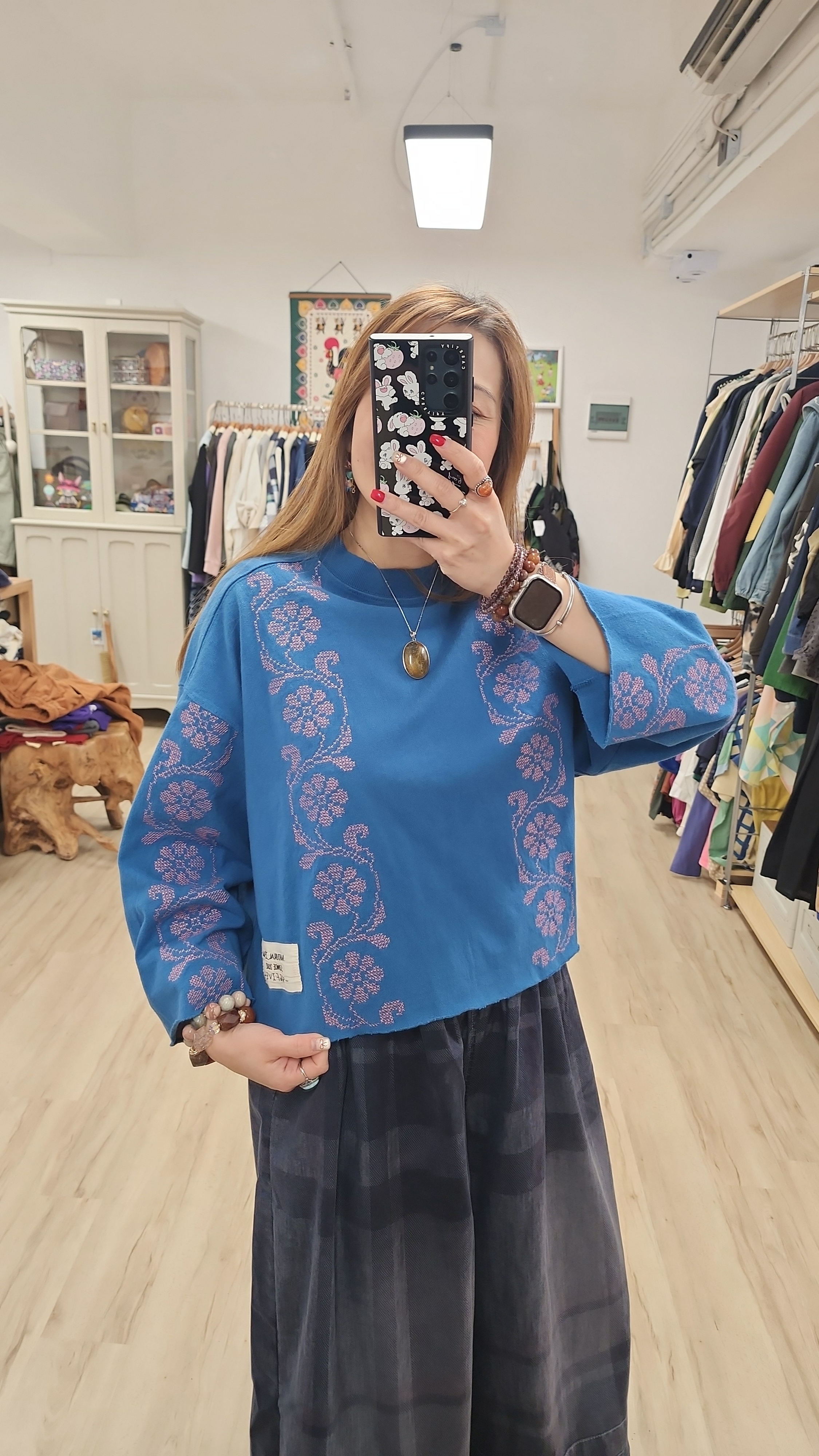 韓國藍色拼十字刺繡花棉Tee